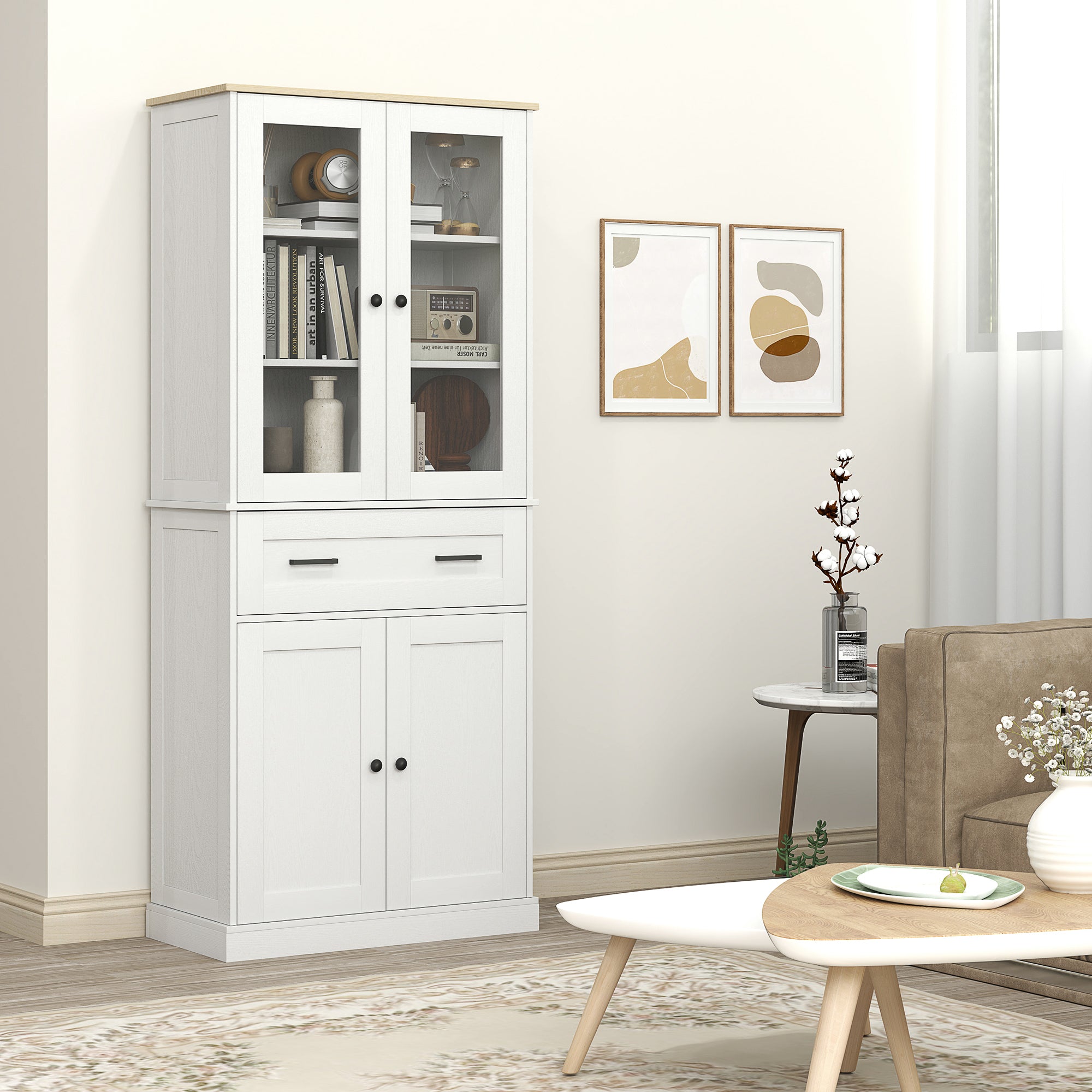 Kitchen Cabinet, Tall Cabinet with Drawer, Adjustable Shelves, Kitchen Buffet with Acrylic Doors, 2 Cabinet Compartments for Living Room, Dining Room, 76 x 40 x 182.5 cm, Cream white