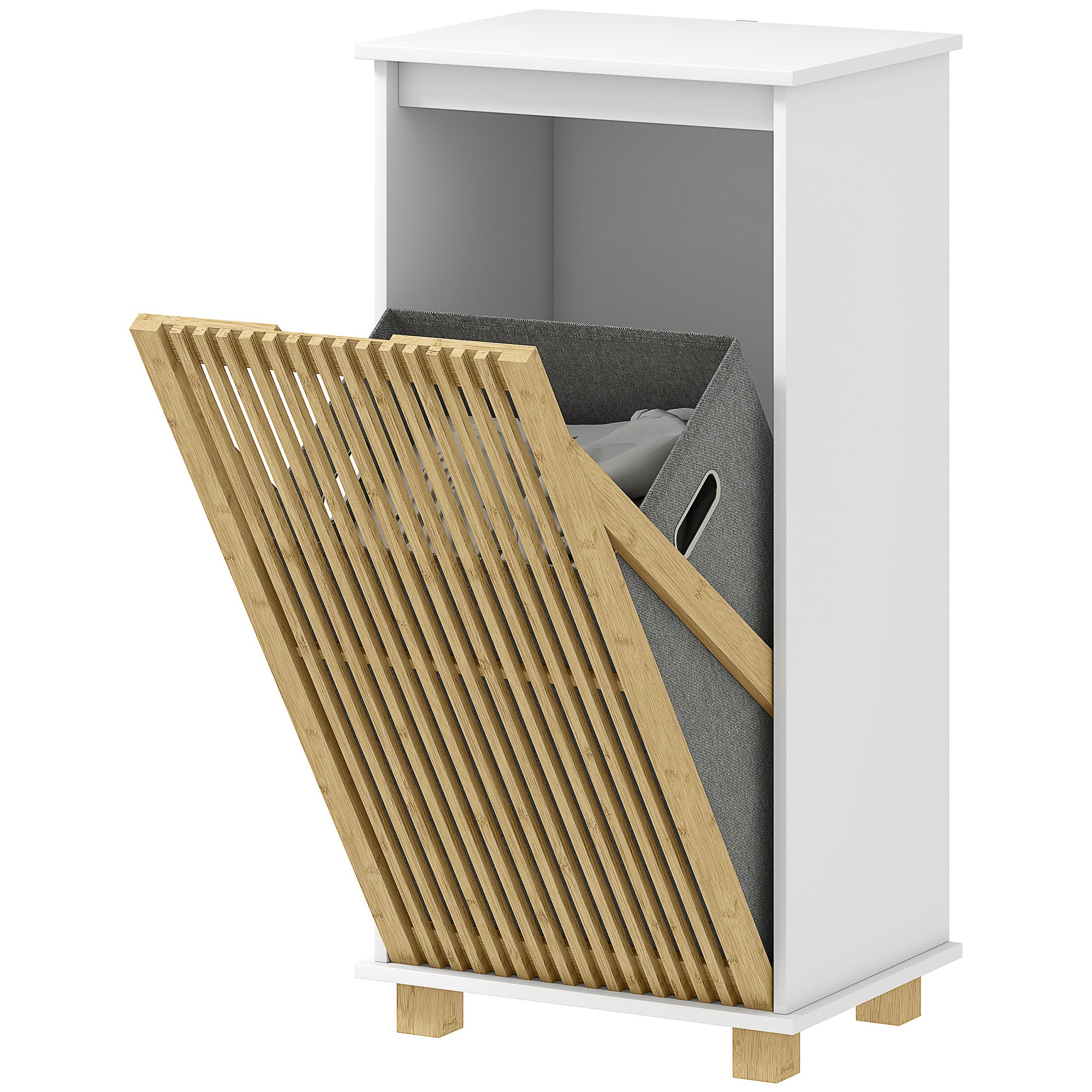 Bathroom Cabinet with Laundry Basket, Storage Cabinet with Bamboo Slatted Door and Removable Bag, Bathroom Cabinet, 40 x 30 x 80 cm, White and Natural Wood Effect