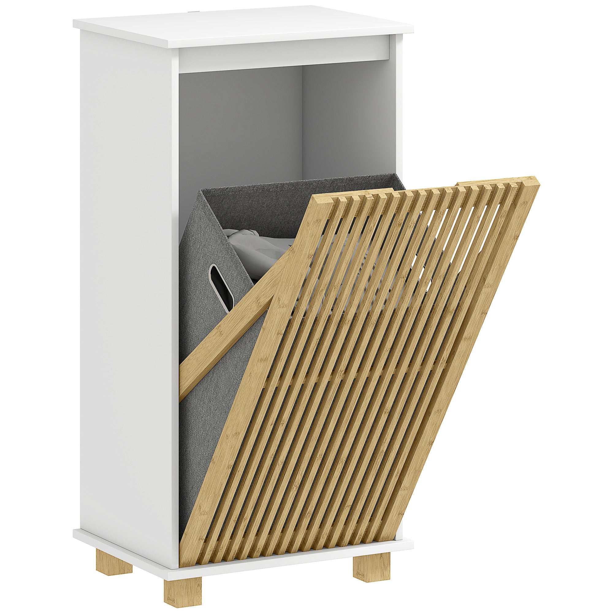 Bathroom Cabinet with Laundry Basket, Storage Cabinet with Bamboo Slatted Door and Removable Bag, Bathroom Cabinet, 40 x 30 x 80 cm, White and Natural Wood Effect