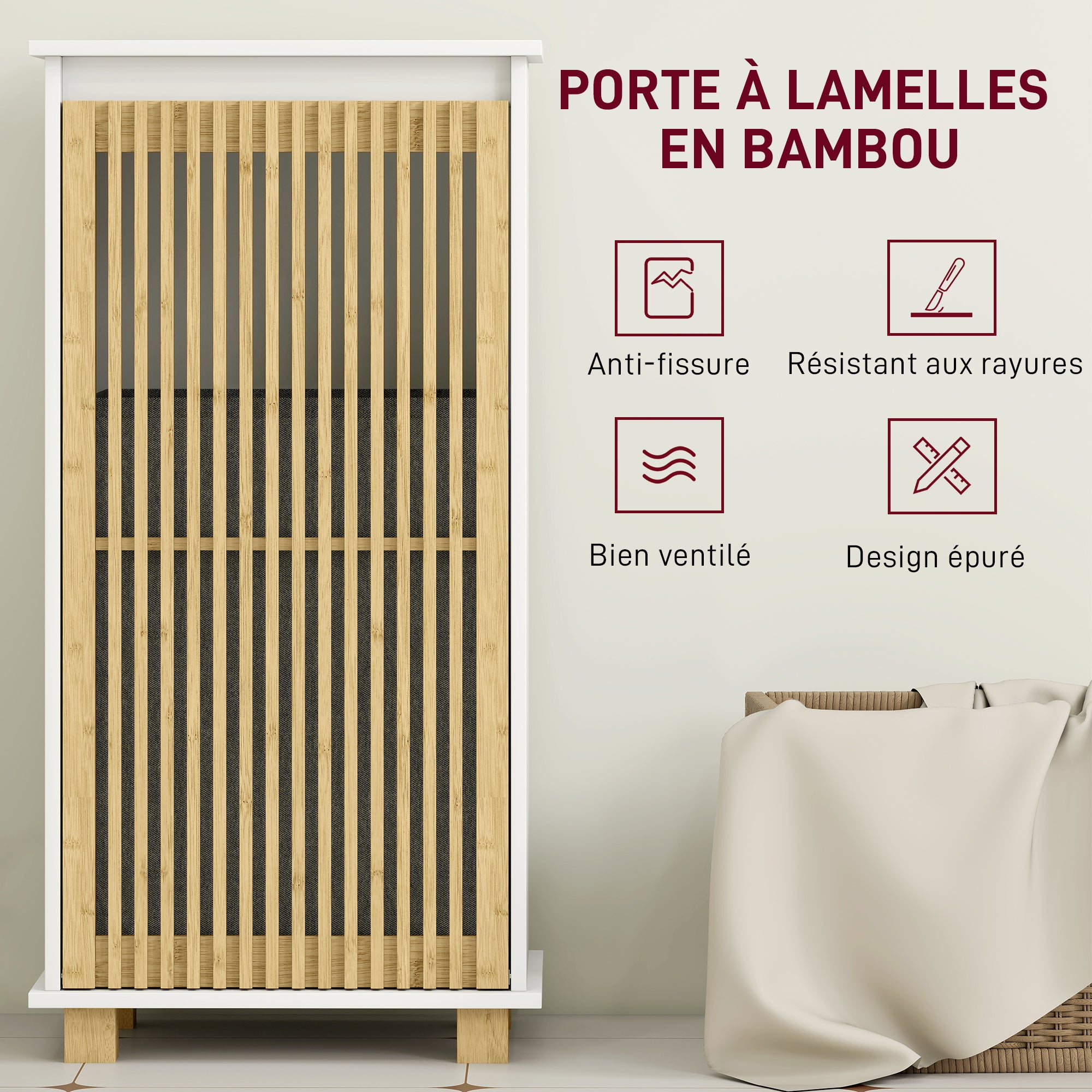 Bathroom Cabinet with Laundry Basket, Storage Cabinet with Bamboo Slatted Door and Removable Bag, Bathroom Cabinet, 40 x 30 x 80 cm, White and Natural Wood Effect