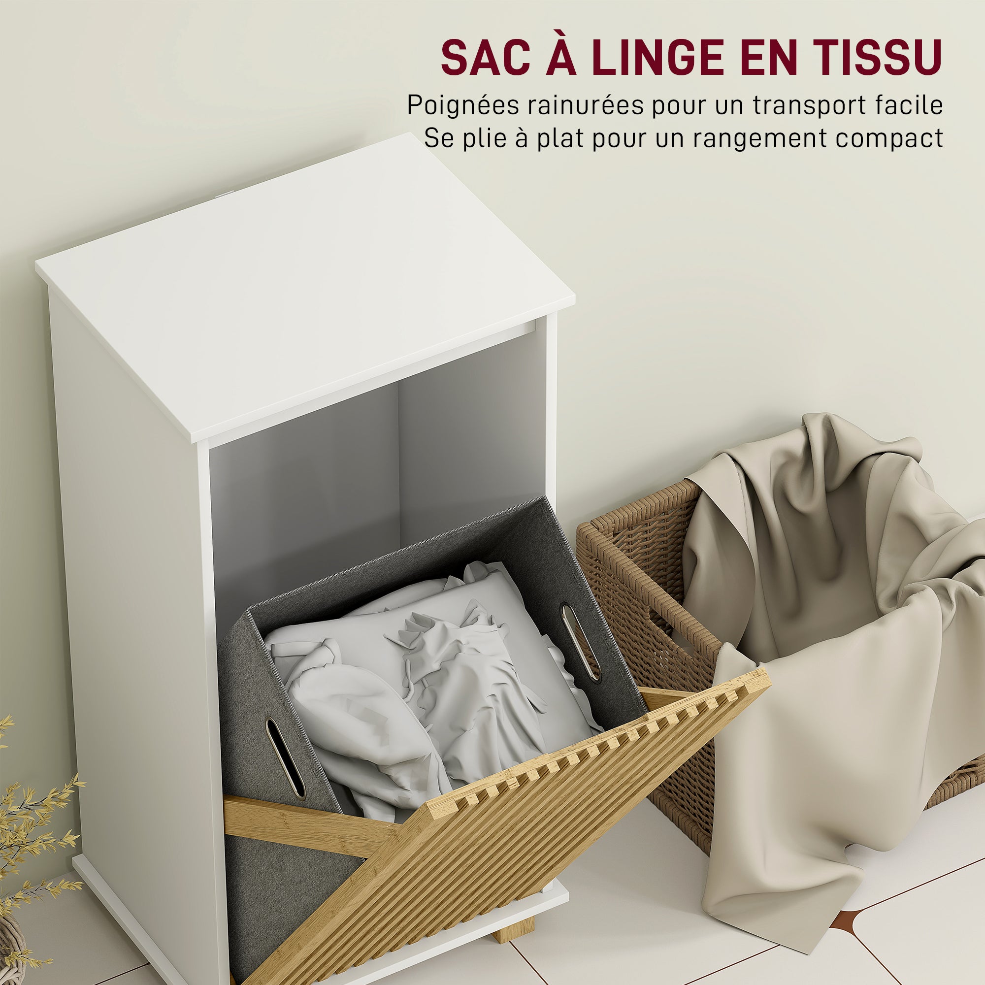 Bathroom Cabinet with Laundry Basket, Storage Cabinet with Bamboo Slatted Door and Removable Bag, Bathroom Cabinet, 40 x 30 x 80 cm, White and Natural Wood Effect