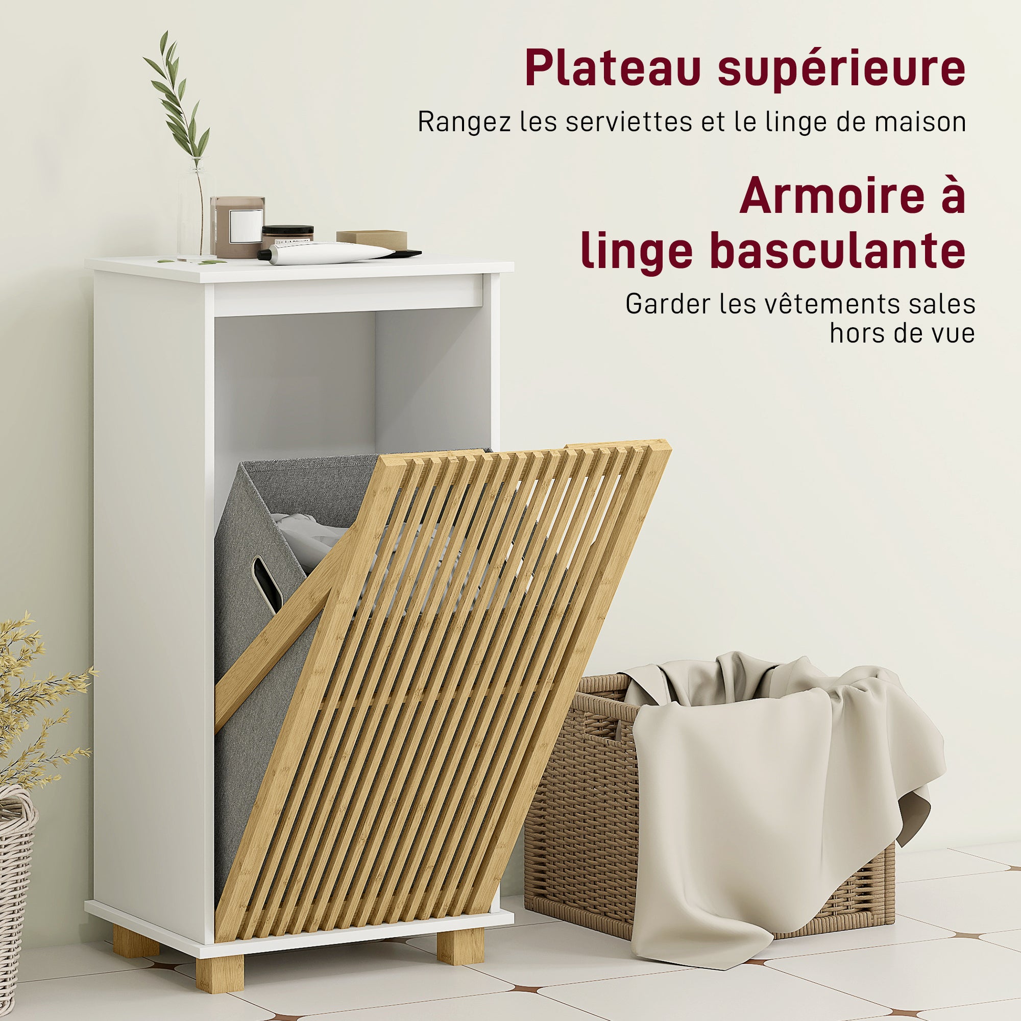 Bathroom Cabinet with Laundry Basket, Storage Cabinet with Bamboo Slatted Door and Removable Bag, Bathroom Cabinet, 40 x 30 x 80 cm, White and Natural Wood Effect