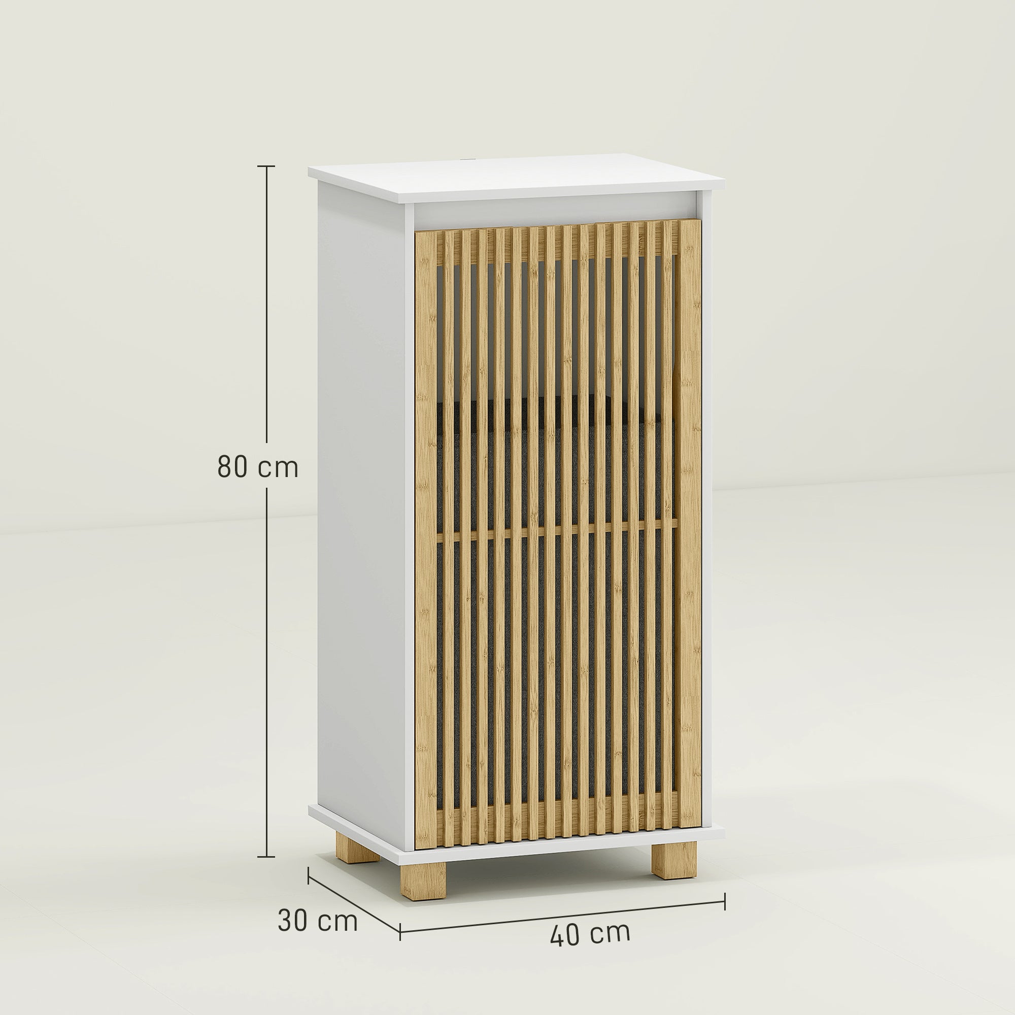 Bathroom Cabinet with Laundry Basket, Storage Cabinet with Bamboo Slatted Door and Removable Bag, Bathroom Cabinet, 40 x 30 x 80 cm, White and Natural Wood Effect