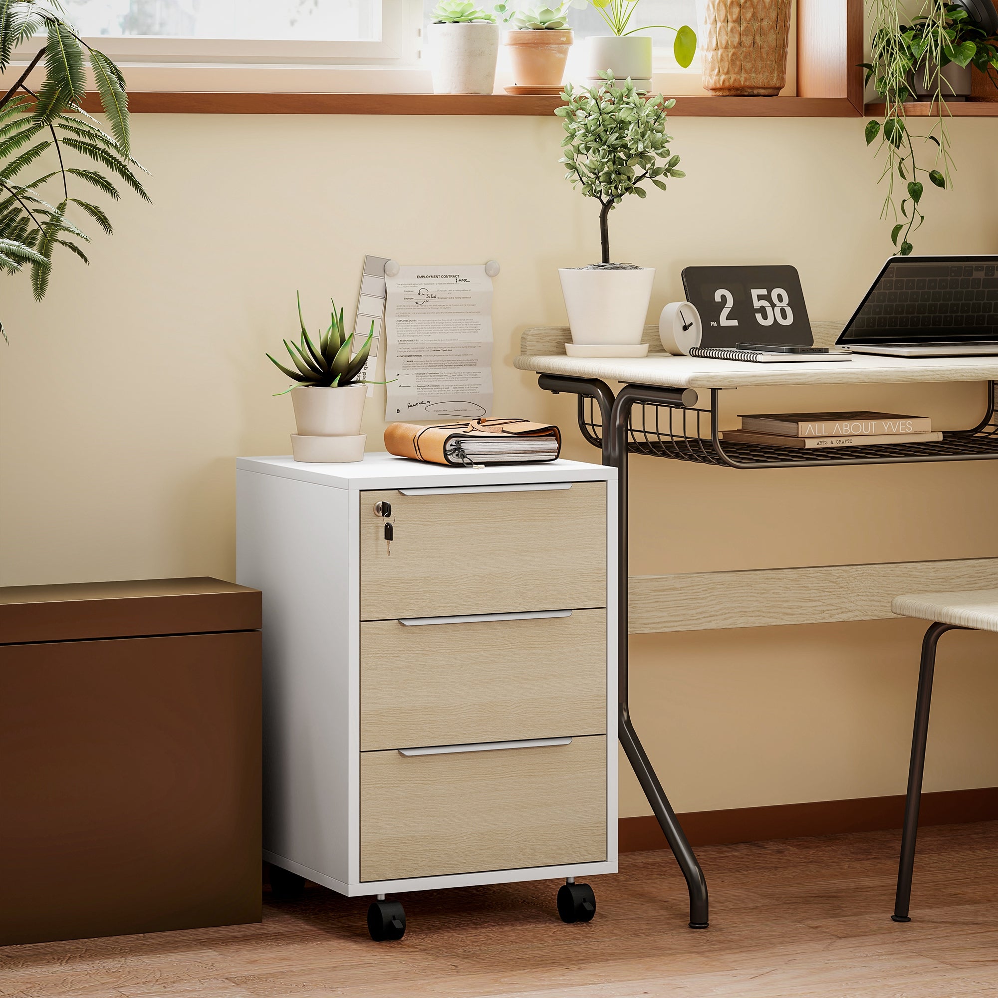 Desk Drawer with 3 Drawers Office Drawer with Wheels Lock and 2 Keys Mobile Filing Cabinet for Study Room 40x40x63.5 cm White and Oak