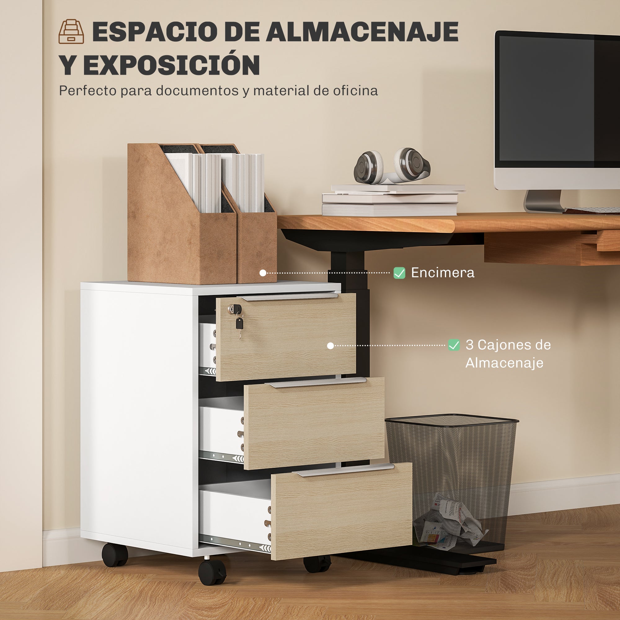 Desk Drawer with 3 Drawers Office Drawer with Wheels Lock and 2 Keys Mobile Filing Cabinet for Study Room 40x40x63.5 cm White and Oak