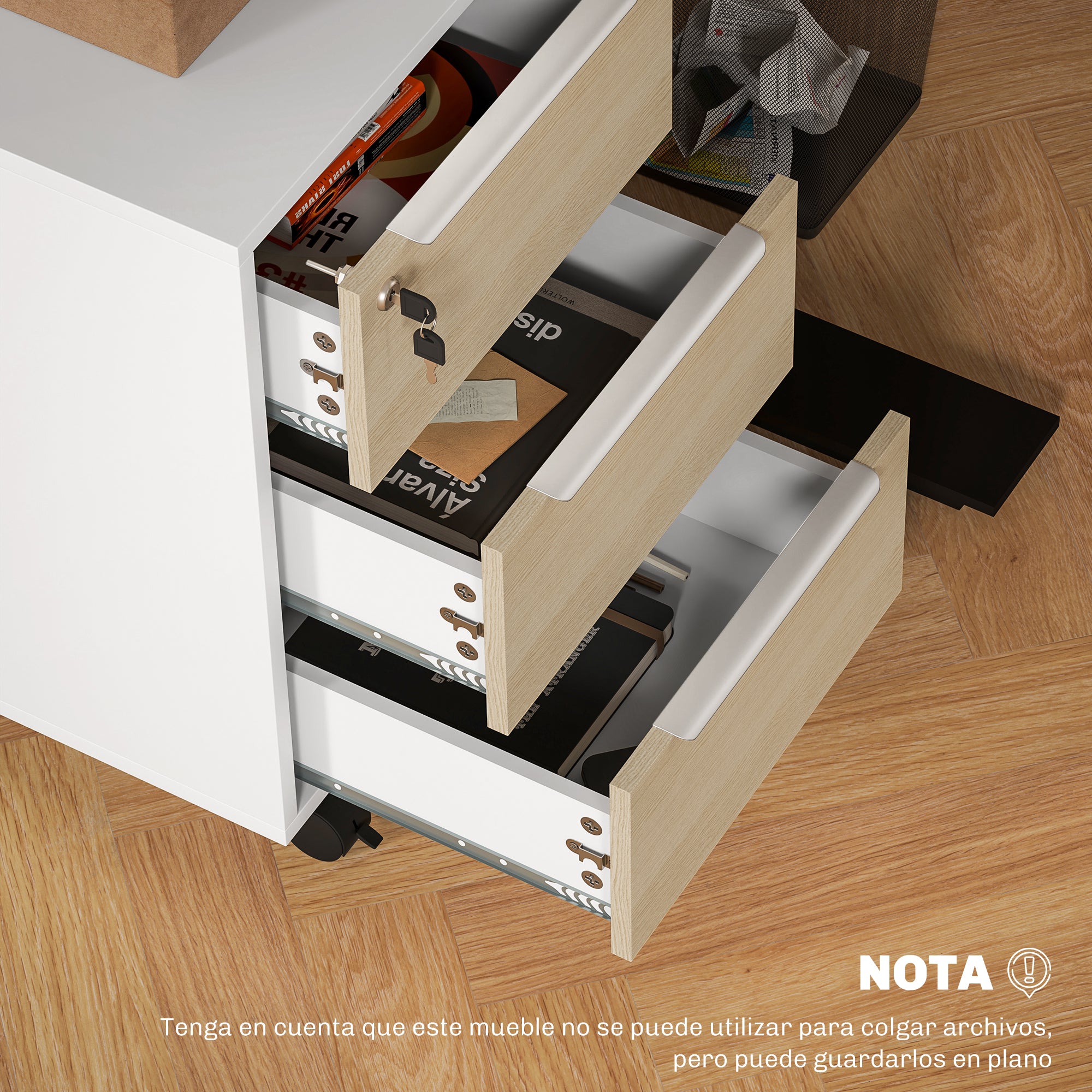 Desk Drawer with 3 Drawers Office Drawer with Wheels Lock and 2 Keys Mobile Filing Cabinet for Study Room 40x40x63.5 cm White and Oak