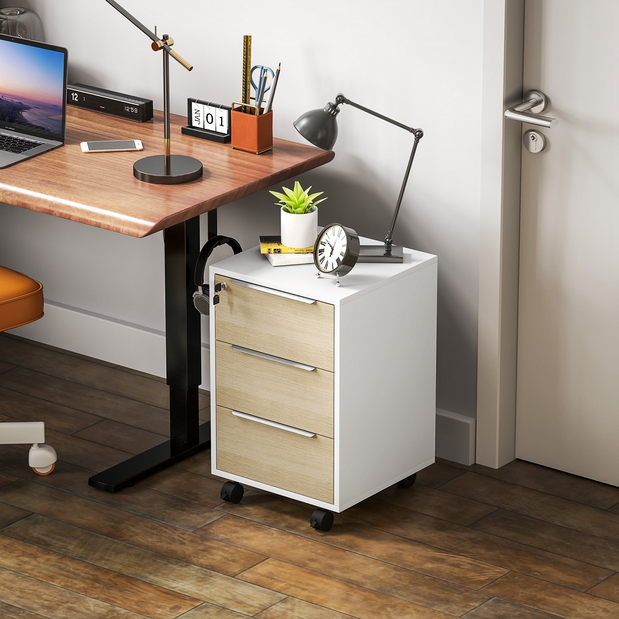 Desk Drawer with 3 Drawers Office Drawer with Wheels Lock and 2 Keys Mobile Filing Cabinet for Study Room 40x40x63.5 cm White and Oak