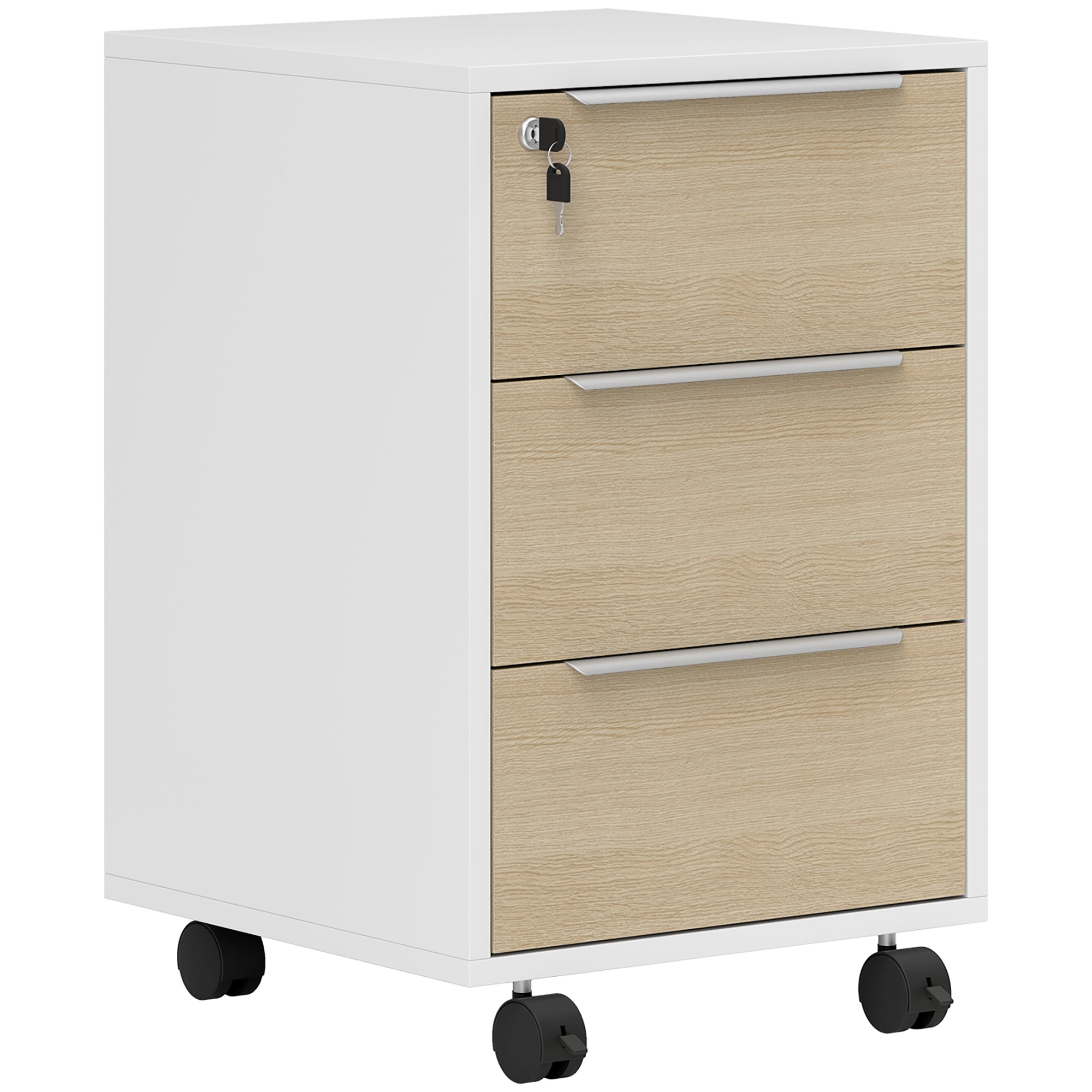 Desk Drawer with 3 Drawers Office Drawer with Wheels Lock and 2 Keys Mobile Filing Cabinet for Study Room 40x40x63.5 cm White and Oak