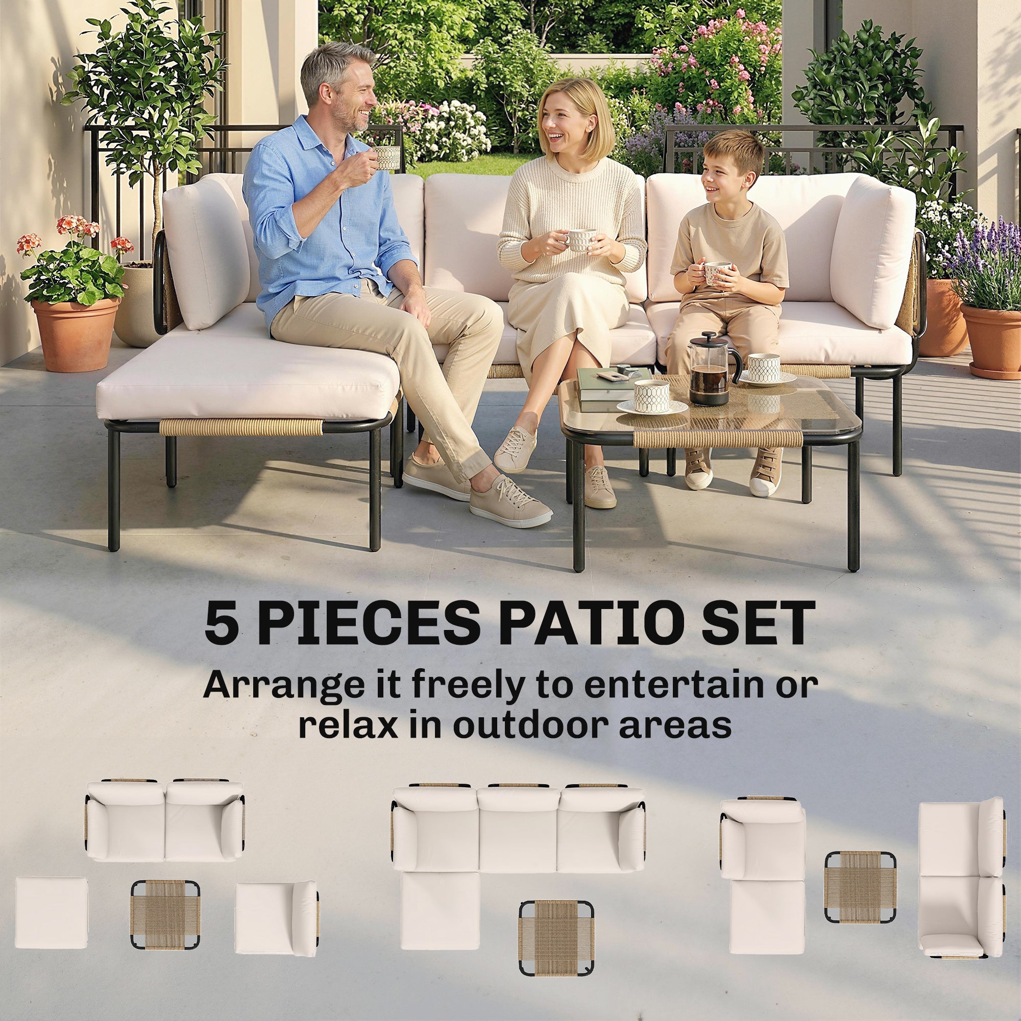 PE Rattan 5-Piece Garden Furniture Set – Modular L-Shaped Lounge with 3 Chairs, Glass Table, Ottoman & Removable Cushions, Khaki