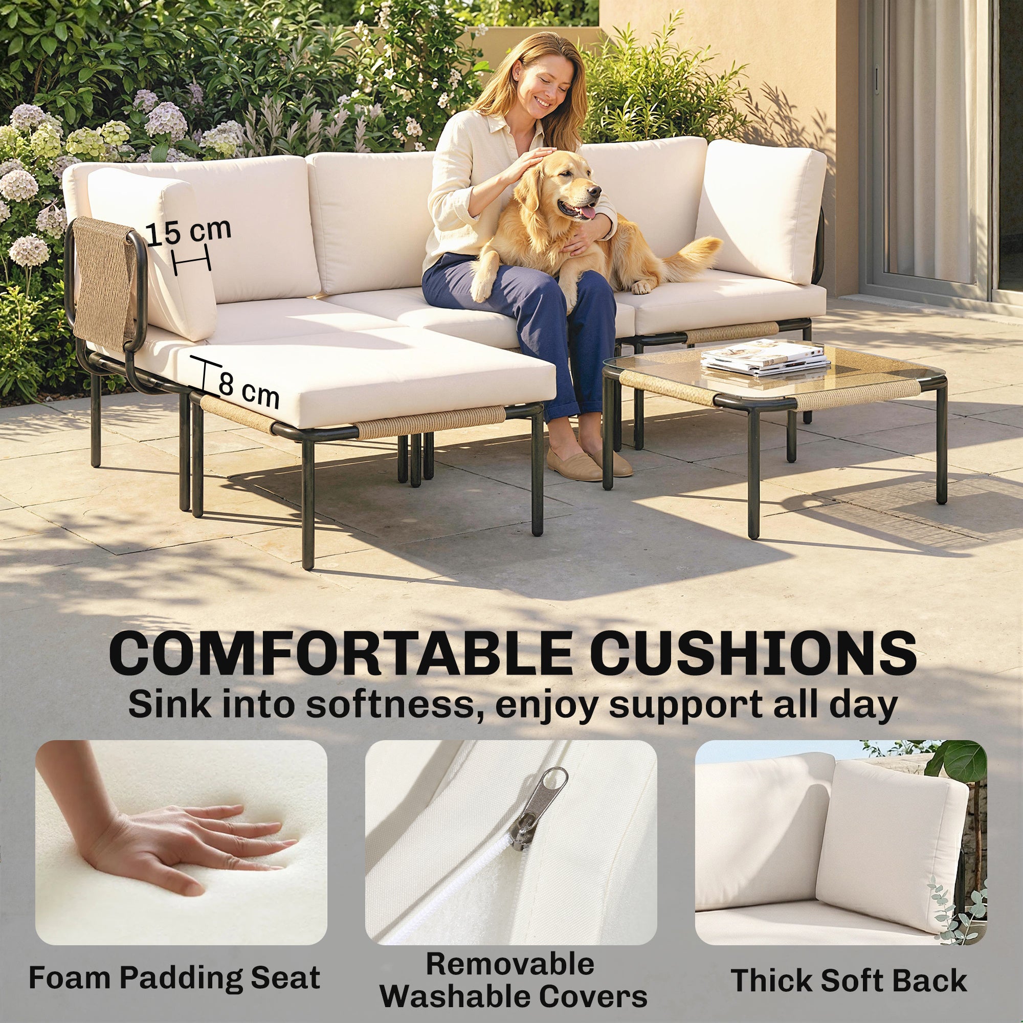 PE Rattan 5-Piece Garden Furniture Set – Modular L-Shaped Lounge with 3 Chairs, Glass Table, Ottoman & Removable Cushions, Khaki