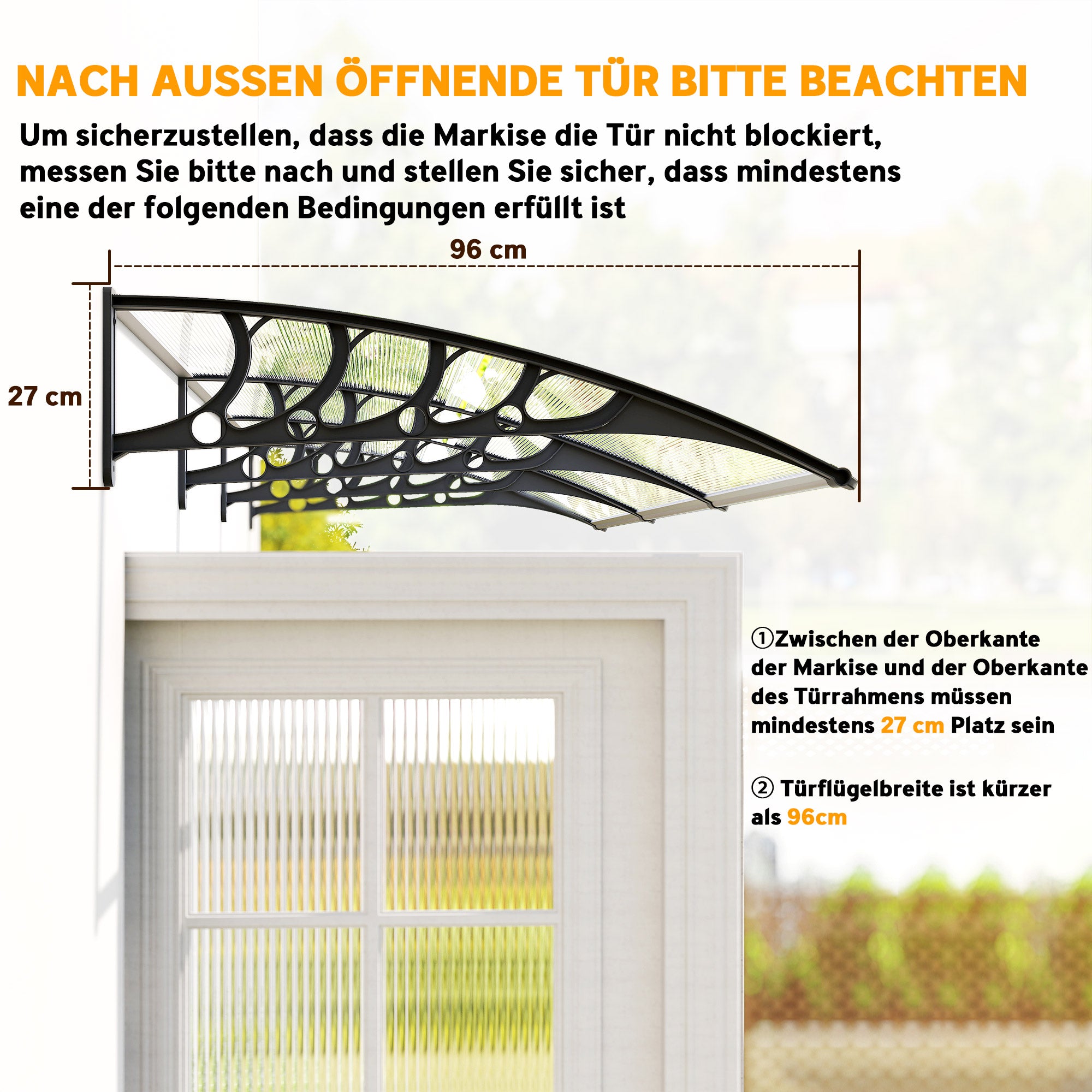 Flat Canopy Awning for Front Door 303 x 96 x 27 cm Canopy with UV Protection, Rain Protection Sunshade for Outdoor Use Aluminum Black