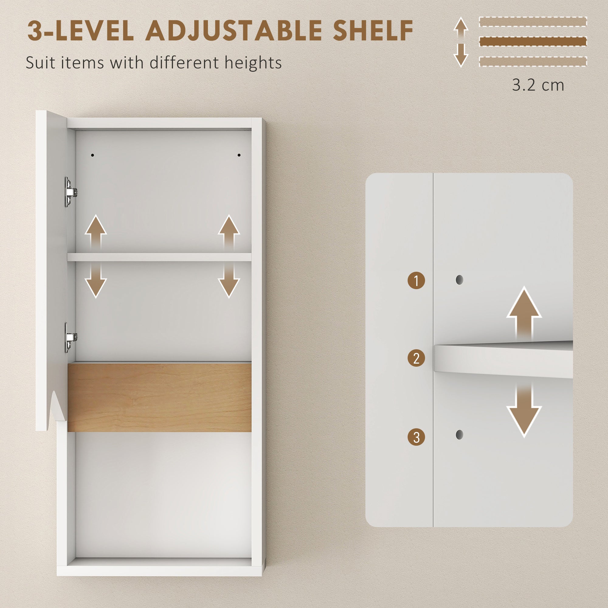 Wall-Mounted Bathroom Cabinet with Soft-Close Door, Adjustable Shelf & Open Compartment, 30x17x67 cm (White)