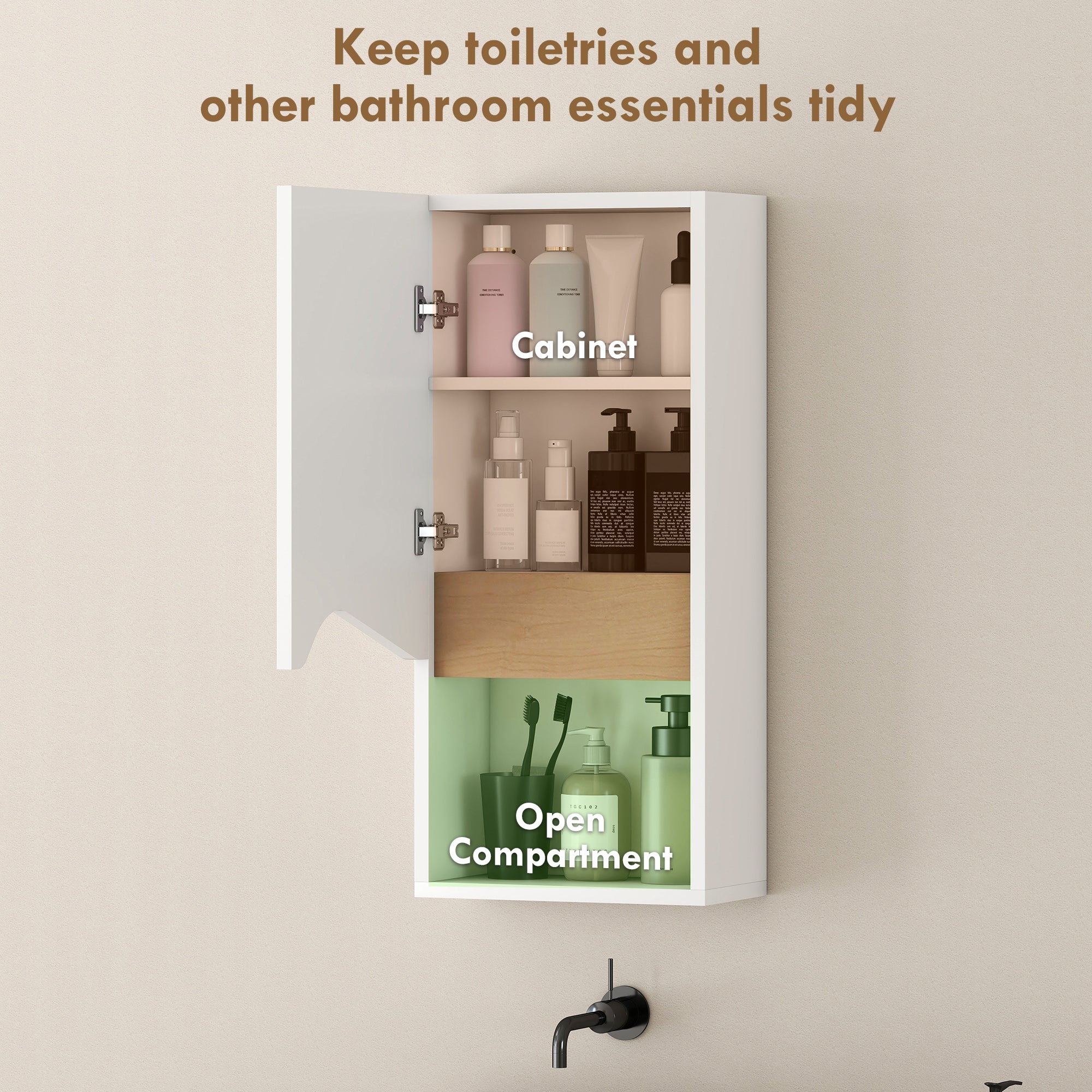 Wall-Mounted Bathroom Cabinet with Soft-Close Door, Adjustable Shelf & Open Compartment, 30x17x67 cm (White)