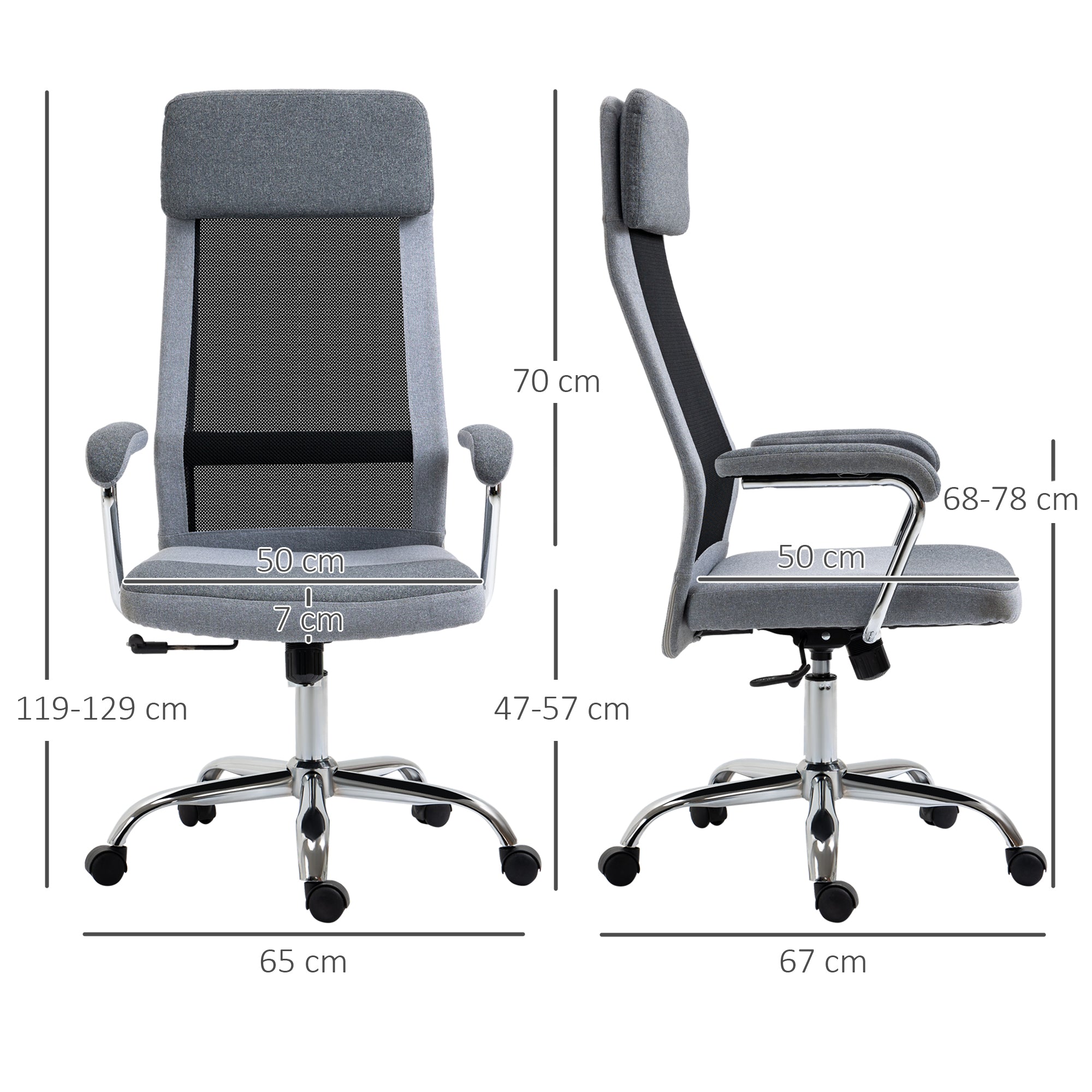 Ergonomic Swivel Office Chair, Adjustable Height and Rocking Function, Mesh Fabric Armchair 65x67x119-129cm Gray