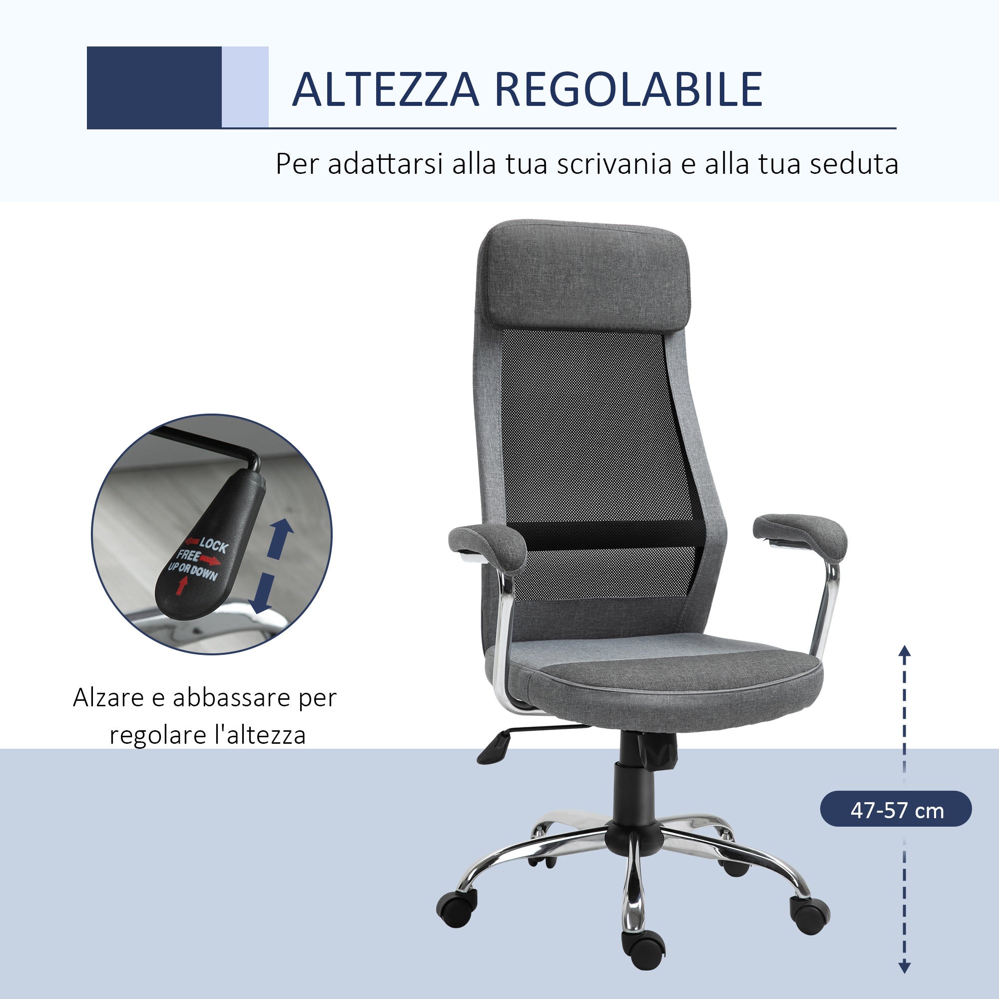 Ergonomic Swivel Office Chair, Adjustable Height and Rocking Function, Mesh Fabric Armchair 65x67x119-129cm Gray