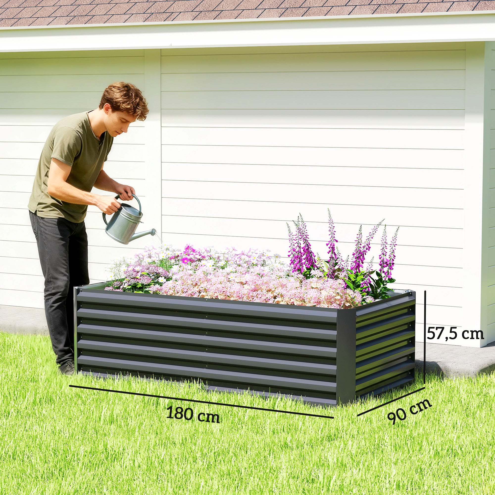 Galvanized Steel Raised Garden Bed 71 x 35.4 x 22.6 in — Deep Planter with Support Rods & Open Bottom, Weatherproof Herb and Vegetable Planter for Garden & Balcony, Dark Gray