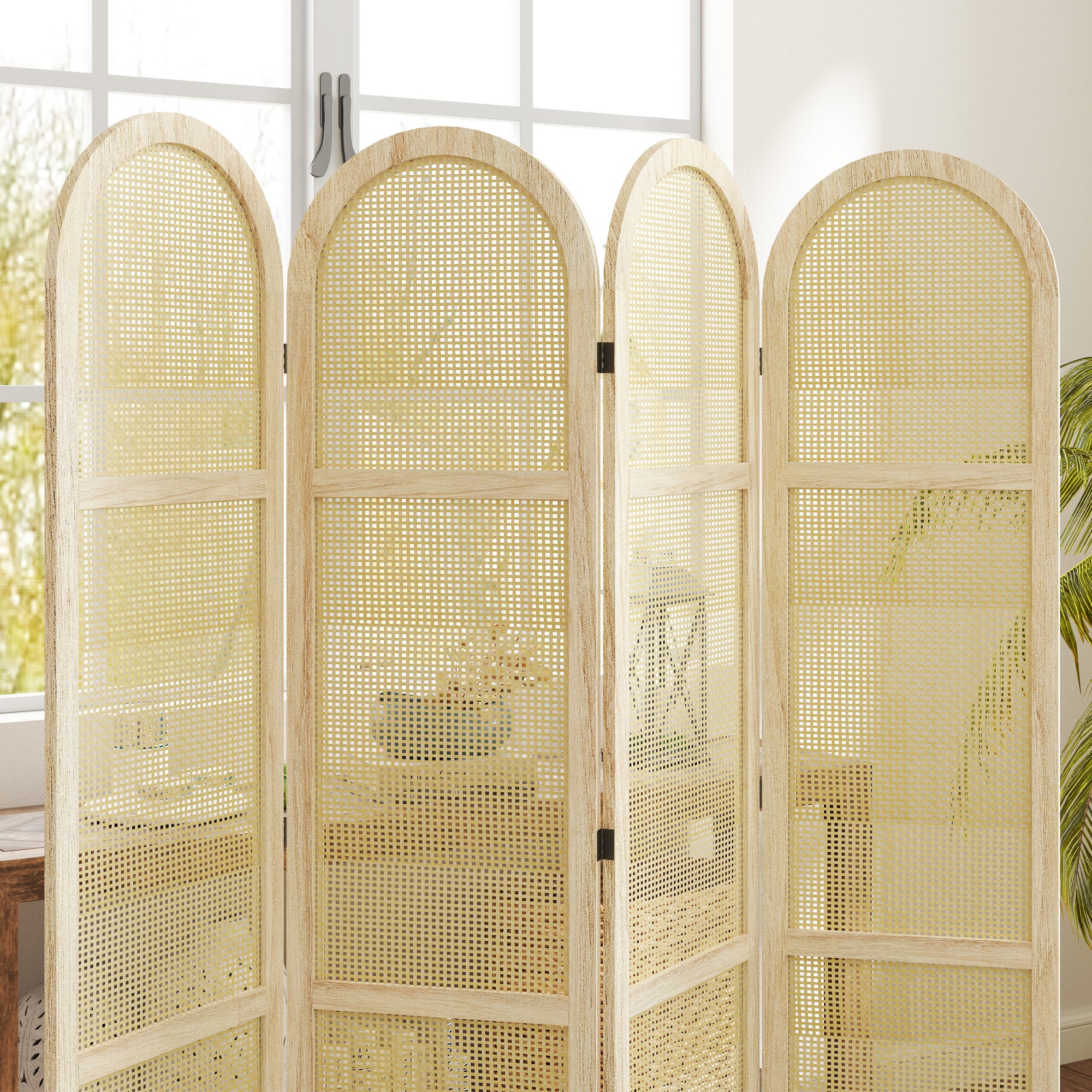 Indoor Wooden Room Divider 4 Panels 170 x 160 cm Foldable and Portable, Handwoven Pattern, Partition Screen for Living Room Bedroom Home, Natural Wood