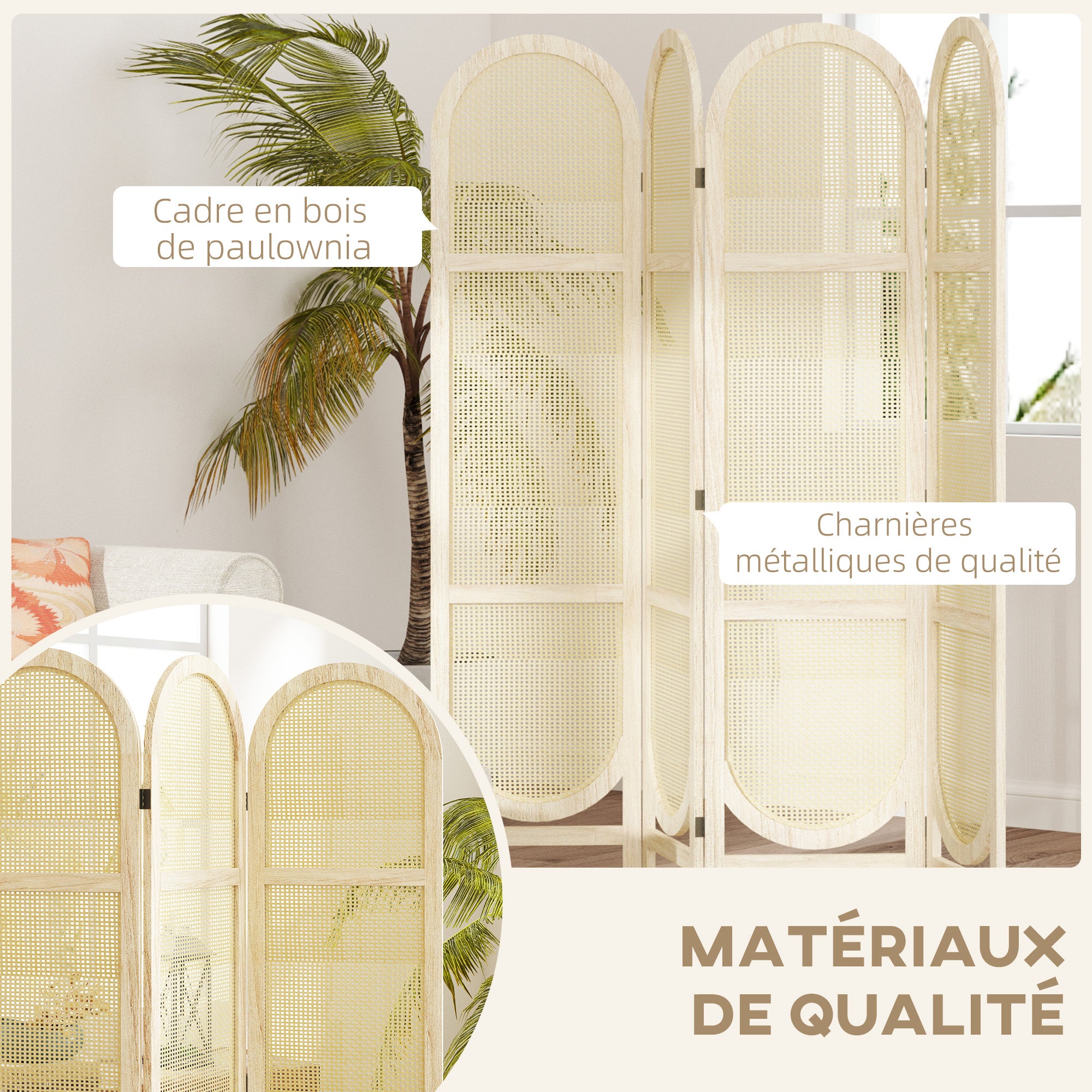 Indoor Wooden Room Divider 4 Panels 170 x 160 cm Foldable and Portable, Handwoven Pattern, Partition Screen for Living Room Bedroom Home, Natural Wood