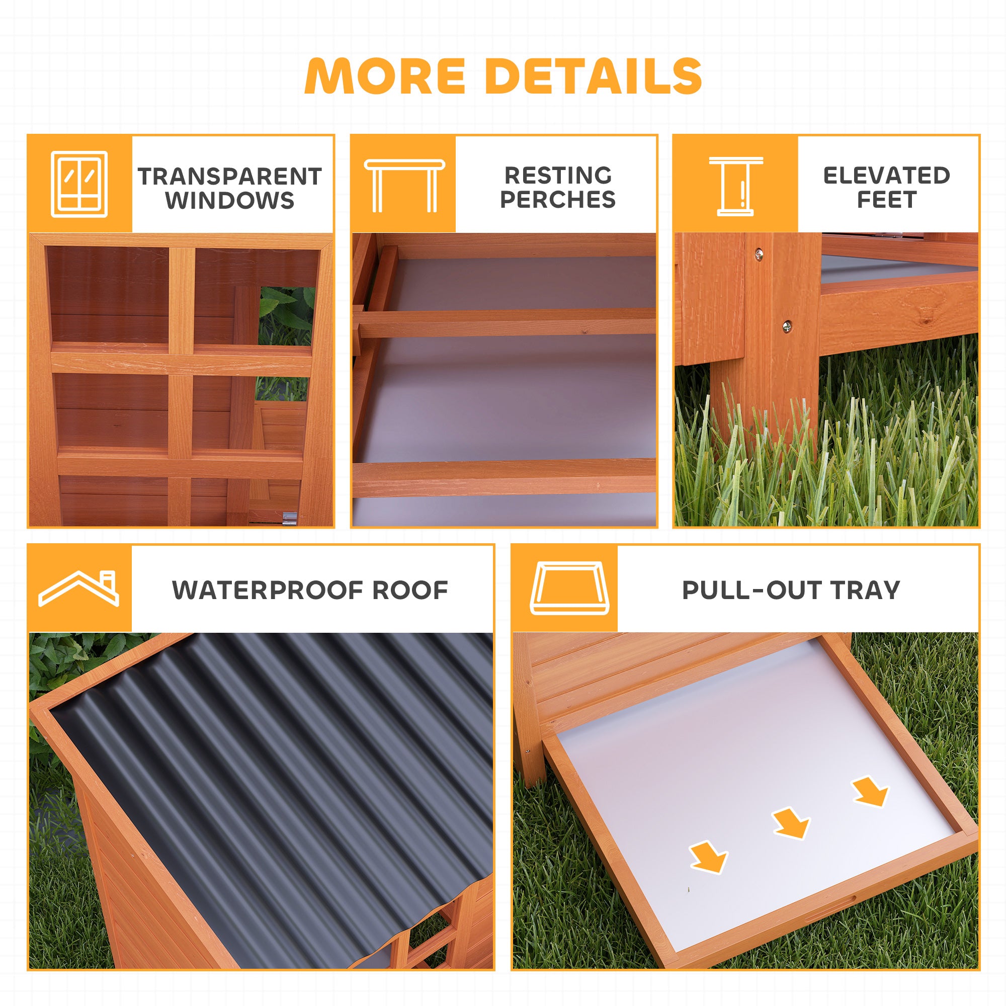 Wooden Chicken Coop 39.4×33.9×39.4 in (100×86×100 cm) — Run Access, Nest Box, Waterproof Roof, 2 Roosts, Convertible Ramp, for 4–6 Hens (Orange)