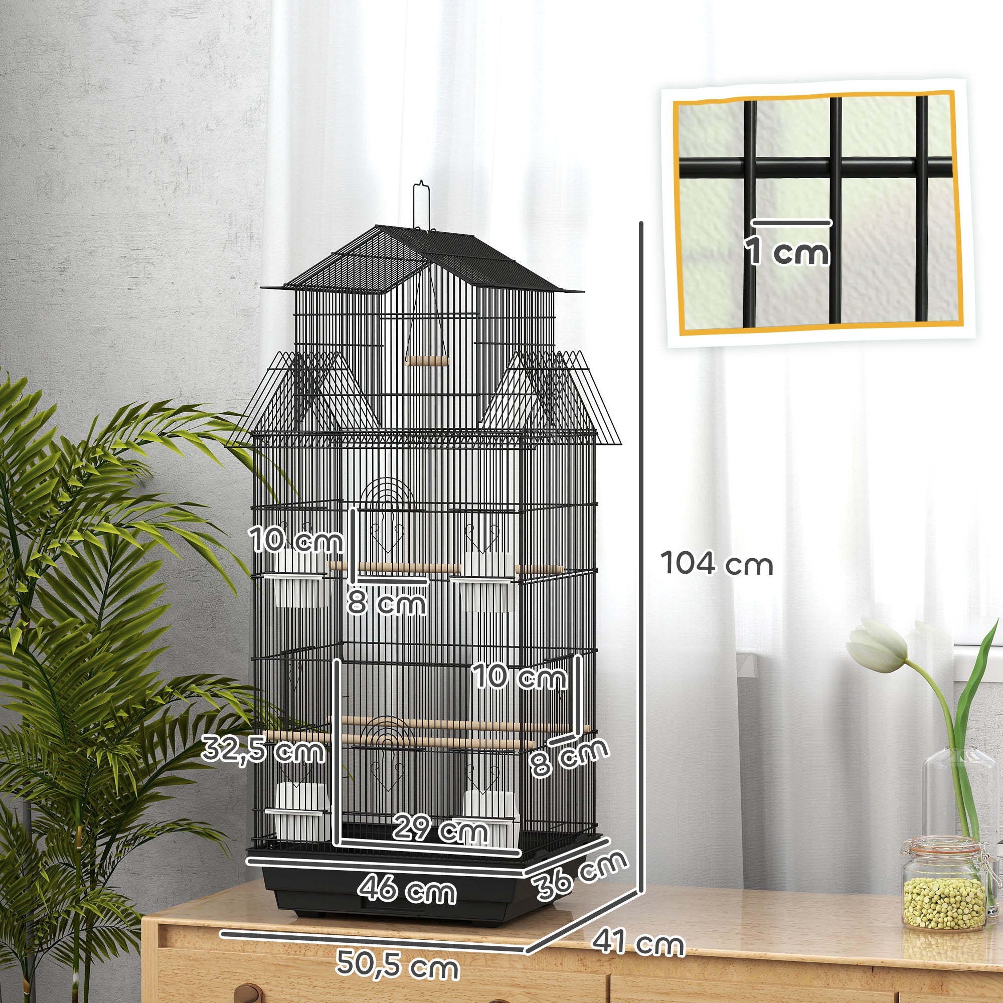 Steel Bird Cage Aviary with Feeders Perches Swing and Removable Tray Large Cage for Parrots Canary Budgerigar 50.5x41x104 cm Black