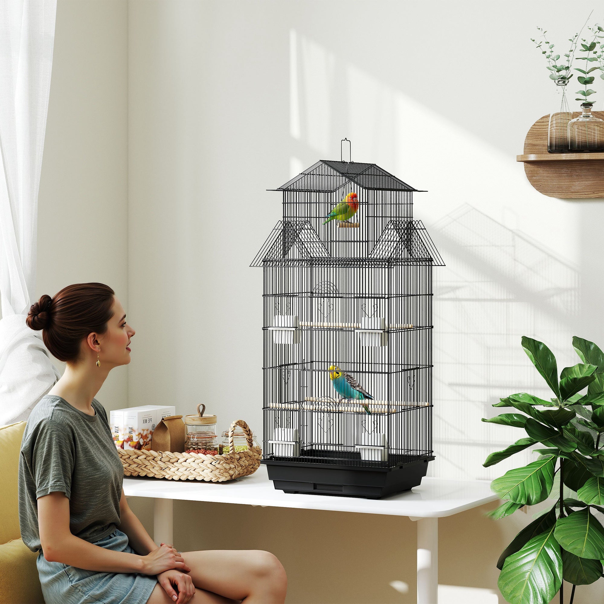 Steel Bird Cage Aviary with Feeders Perches Swing and Removable Tray Large Cage for Parrots Canary Budgerigar 50.5x41x104 cm Black