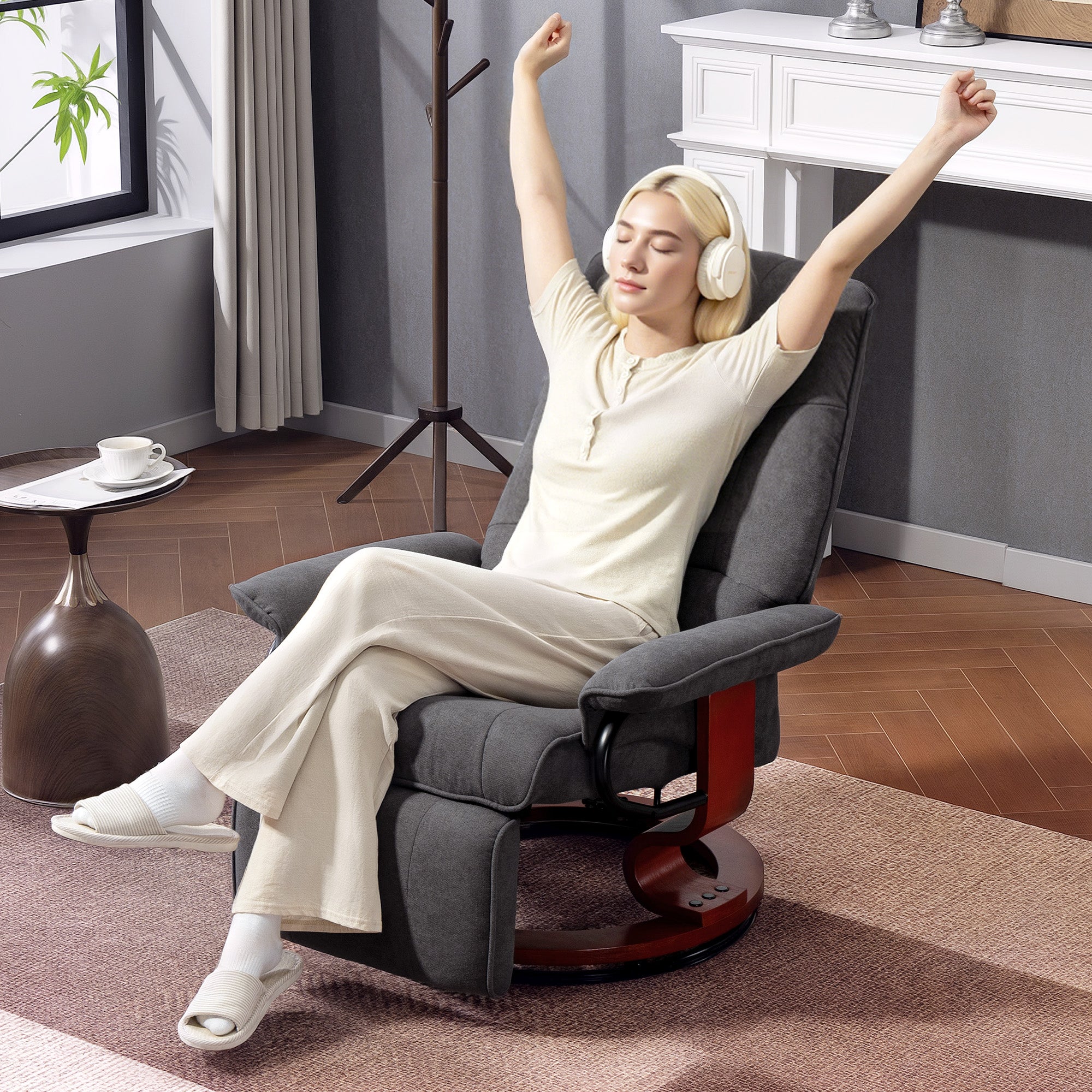 Recliner Armchair with Adjustable Footrest, 360° Swivel, Solid Wood Legs, Linen-Style Gray Fabric