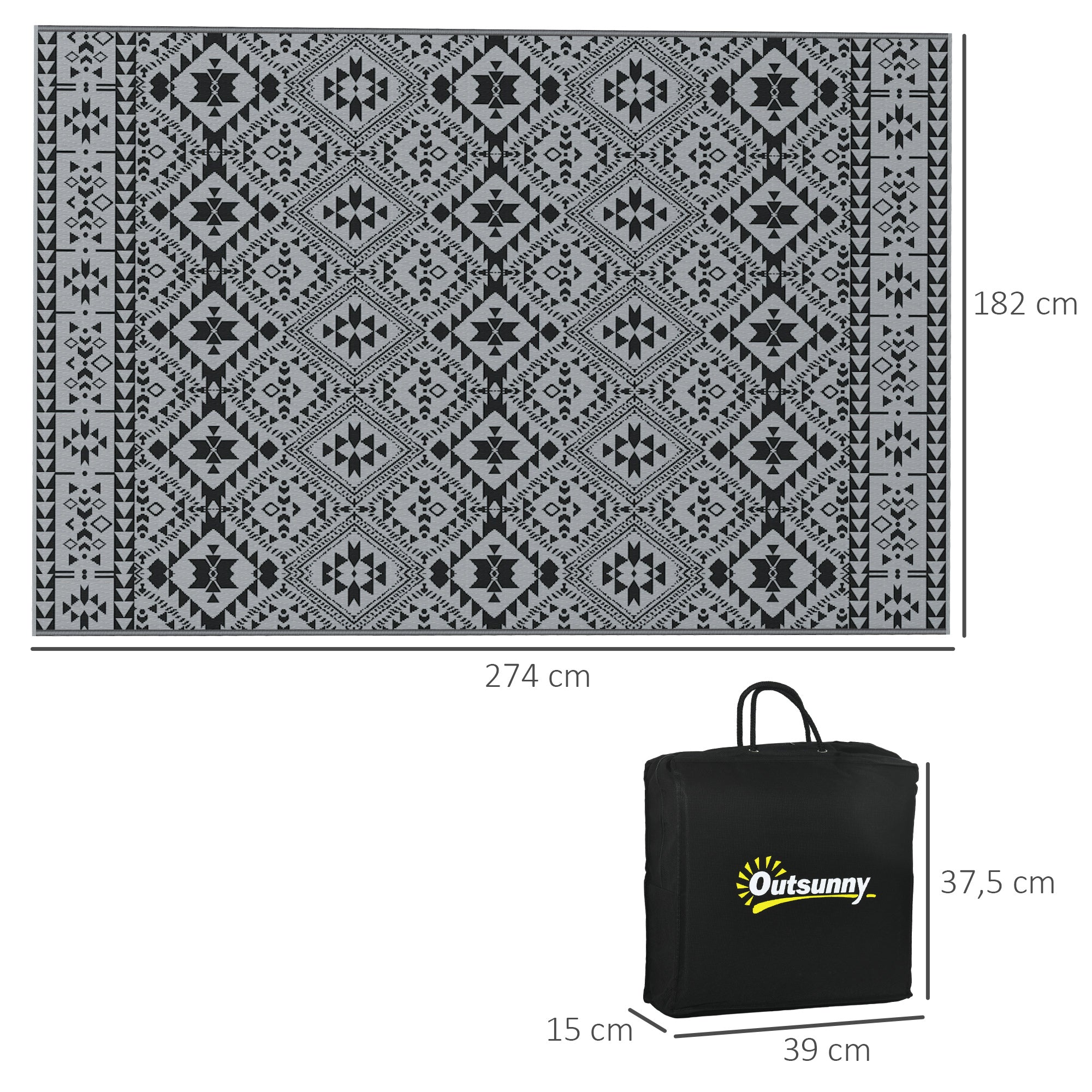 Outdoor Carpet, Plastic Rug Waterproof Reversible Rug, Garden Rug for Camping, Patio, Black+Gray, 182 x 274 cm