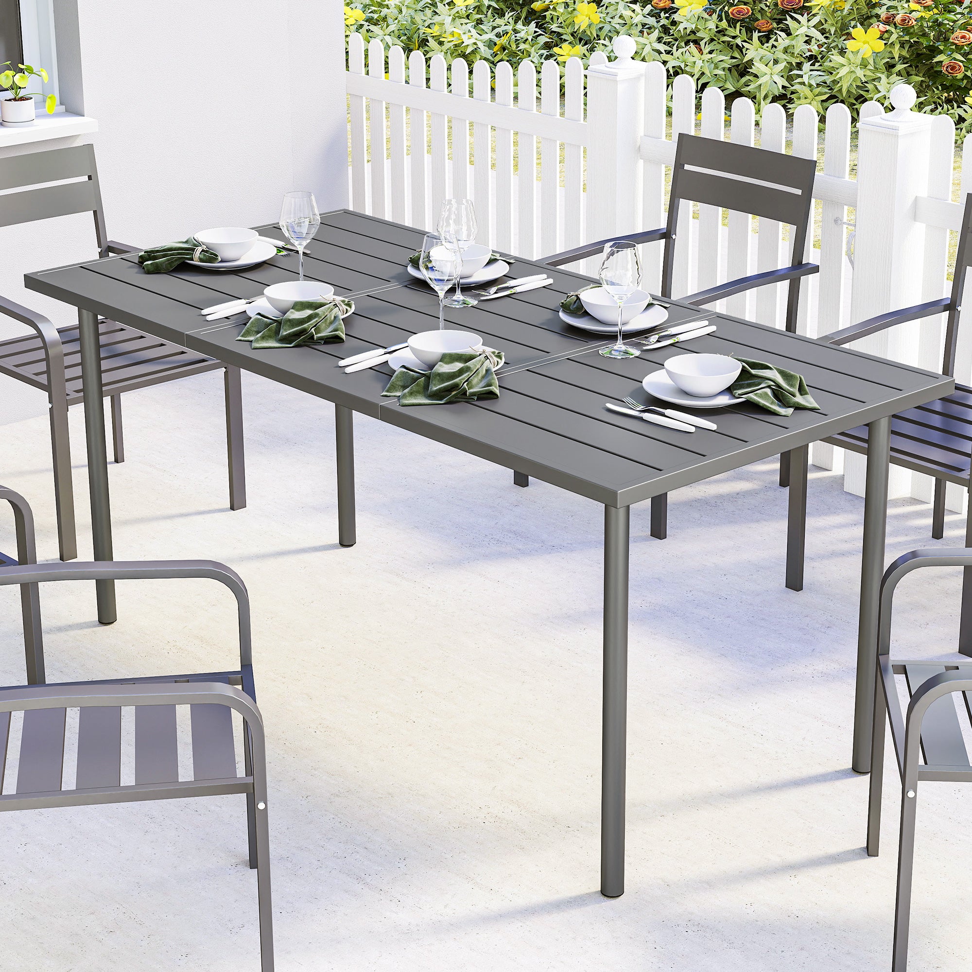 Outdoor Dining Table 65 x 31.5 in for 6 — Slatted Metal Top, Powder-Coated Steel Frame, Weather-Resistant (Dark Gray)