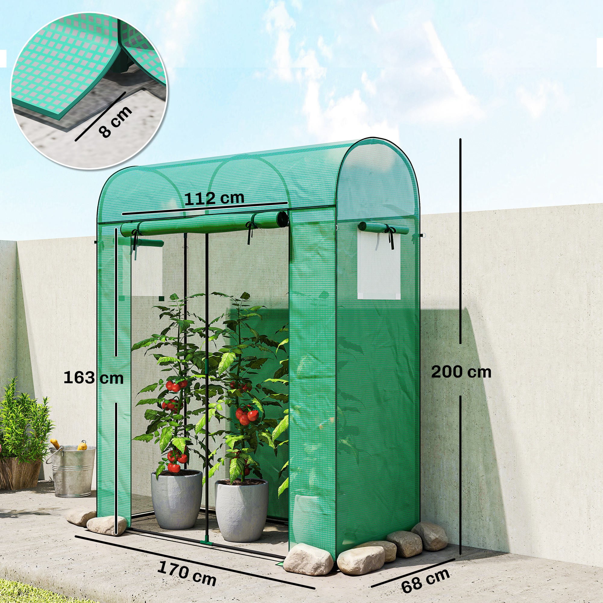 Garden Greenhouse — Small Balcony Greenhouse with PE Cover & Steel Frame, Roll-Up Door & Mesh Windows, for Vegetables & Flowers, Indoor/Outdoor — 170 x 68 x 200 cm (67 x 27 x 79 in) — Green