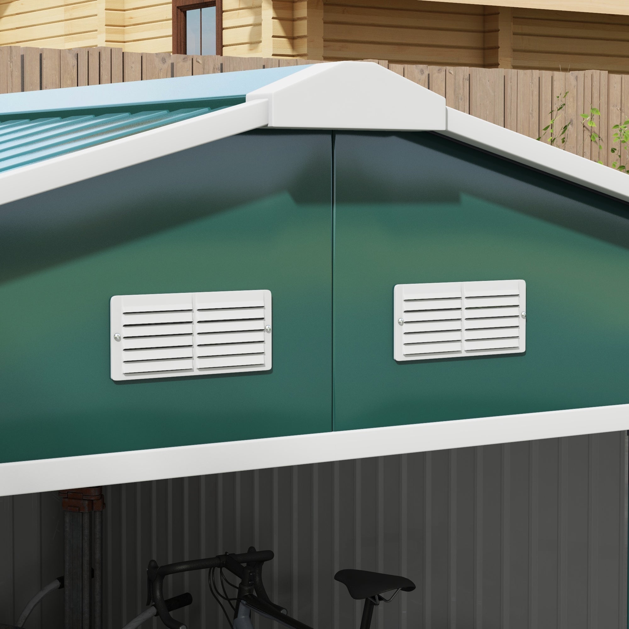Tool Shed 12.4 m², Garden Shed with Gable Roof, Sliding Door, Foundation, 386 x 340 x 200 cm, Tool Shed Made of Galvanized Steel, Weatherproof, for Garden, Dark Green