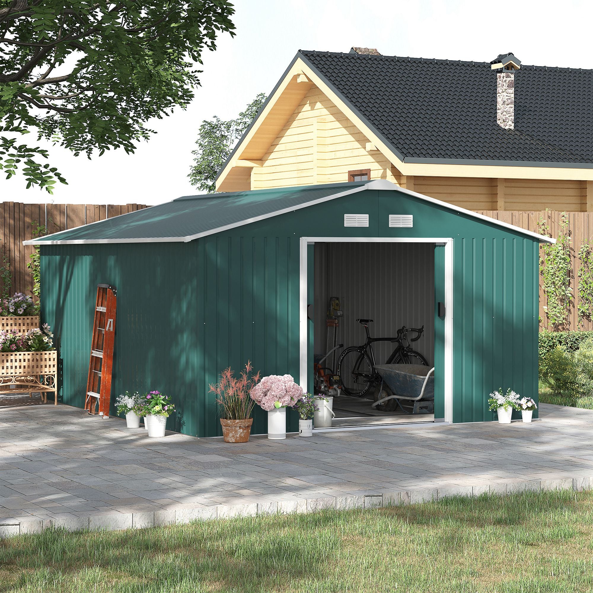 Tool Shed 12.4 m², Garden Shed with Gable Roof, Sliding Door, Foundation, 386 x 340 x 200 cm, Tool Shed Made of Galvanized Steel, Weatherproof, for Garden, Dark Green
