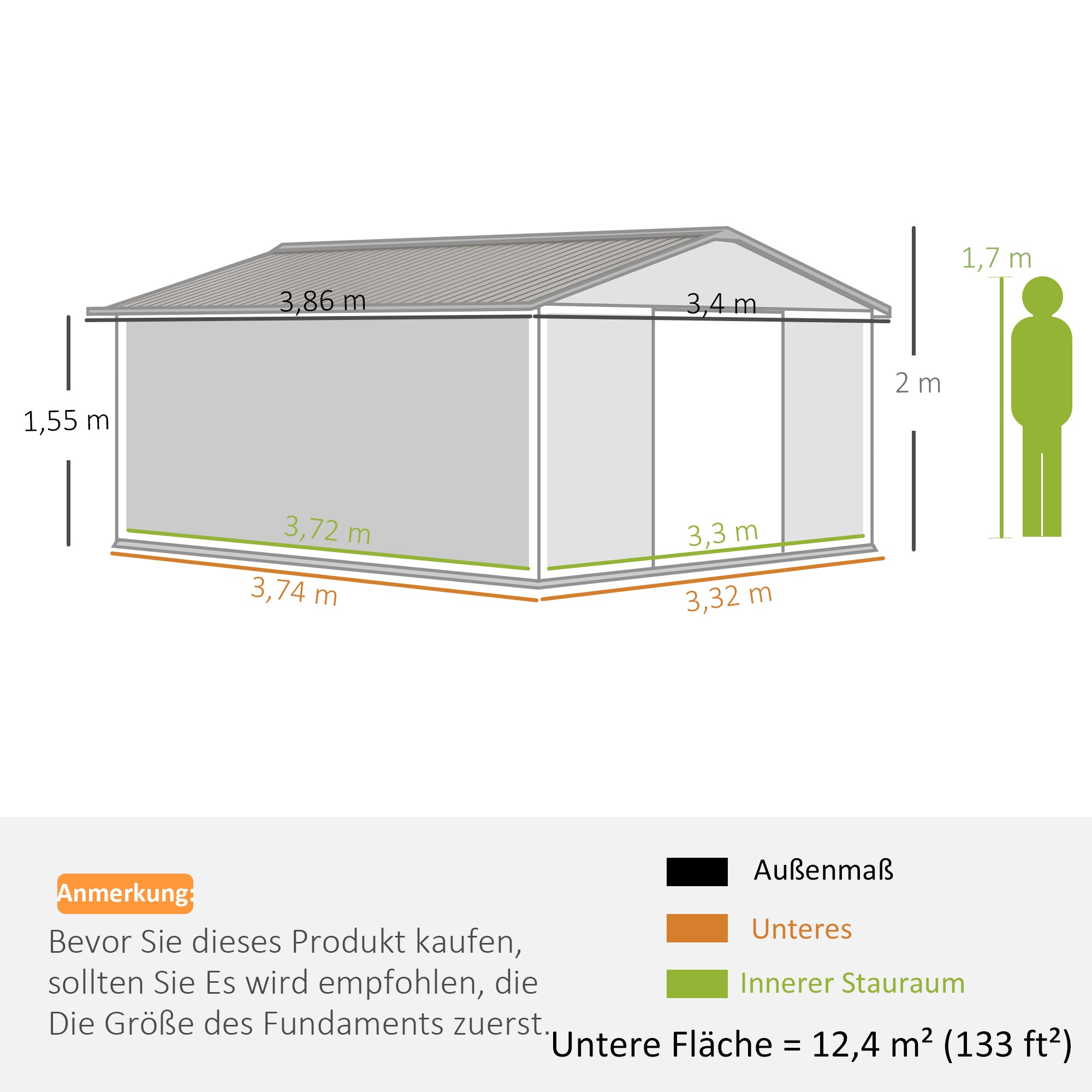 Tool Shed 12.4 m², Garden Shed with Gable Roof, Sliding Door, Foundation, 386 x 340 x 200 cm, Tool Shed Made of Galvanized Steel, Weatherproof, for Garden, Dark Green