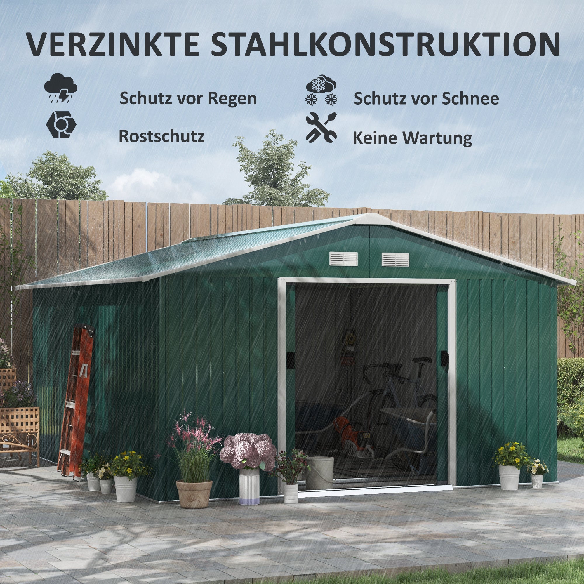 Tool Shed 12.4 m², Garden Shed with Gable Roof, Sliding Door, Foundation, 386 x 340 x 200 cm, Tool Shed Made of Galvanized Steel, Weatherproof, for Garden, Dark Green