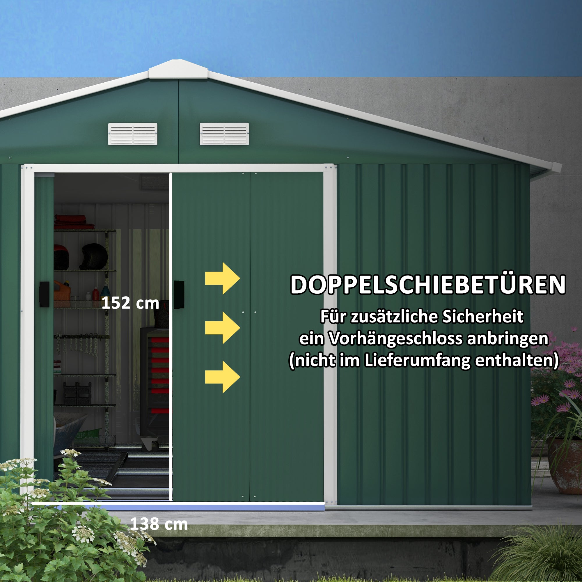 Tool Shed 12.4 m², Garden Shed with Gable Roof, Sliding Door, Foundation, 386 x 340 x 200 cm, Tool Shed Made of Galvanized Steel, Weatherproof, for Garden, Dark Green