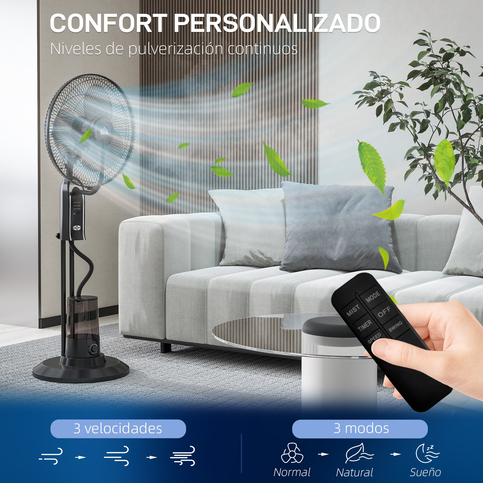 Mist Fan Mist Pedestal Fan with Water Oscillating 75 W Timer Tank 3.2L Remote Control 3 Speeds 3 Blades and LED Screen Ø44.5 cm Black