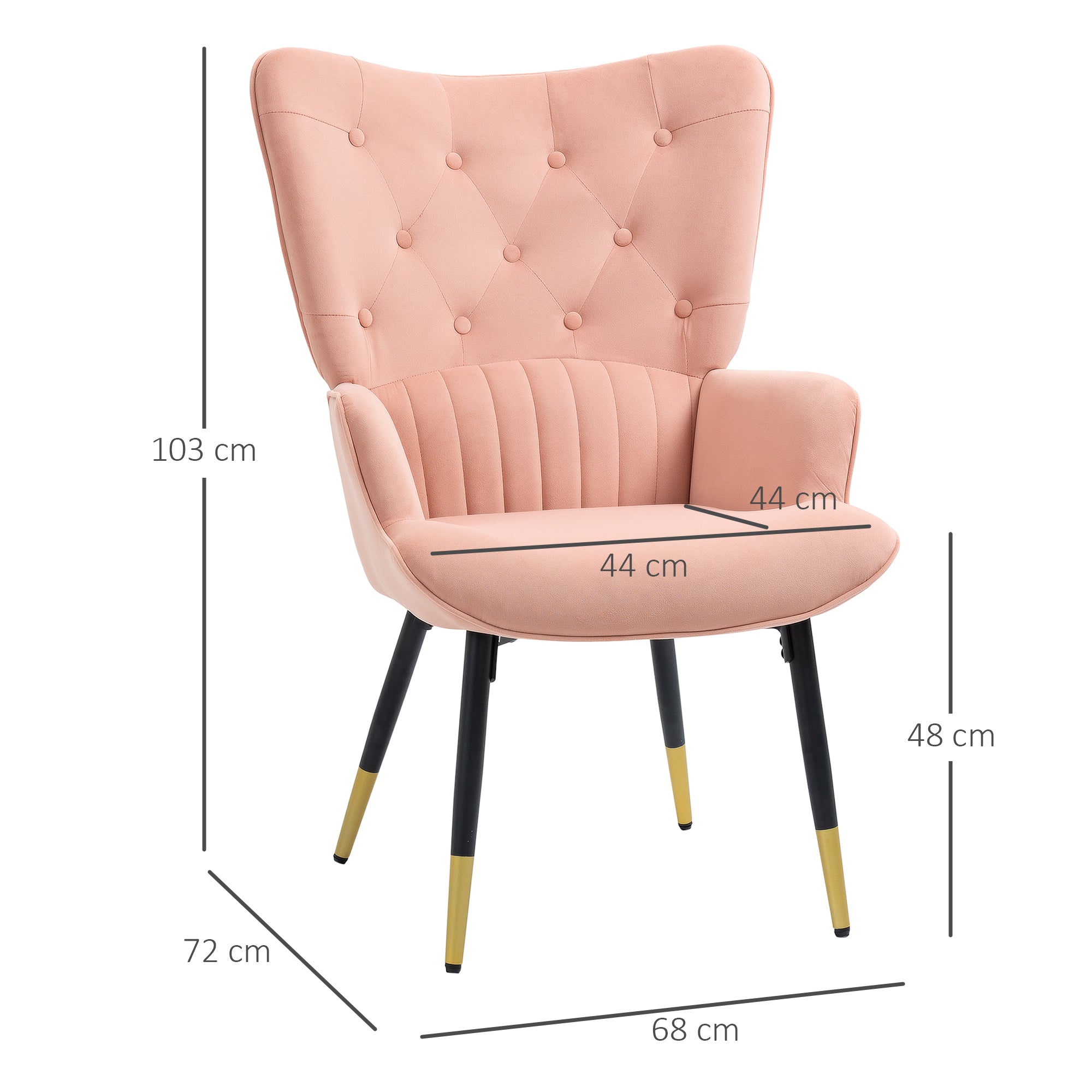 Single Armchair Bedroom Armchair Upholstered in Velvet with High Back Armrests and Steel Legs Modern Style 68x72x103 cm Pink