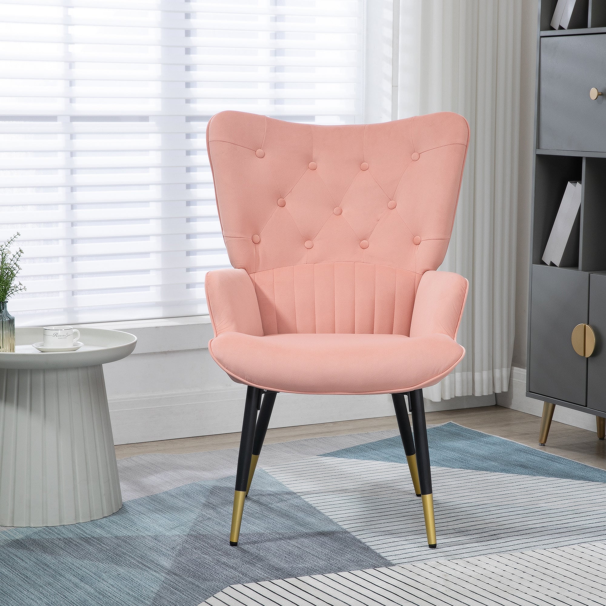 Single Armchair Bedroom Armchair Upholstered in Velvet with High Back Armrests and Steel Legs Modern Style 68x72x103 cm Pink