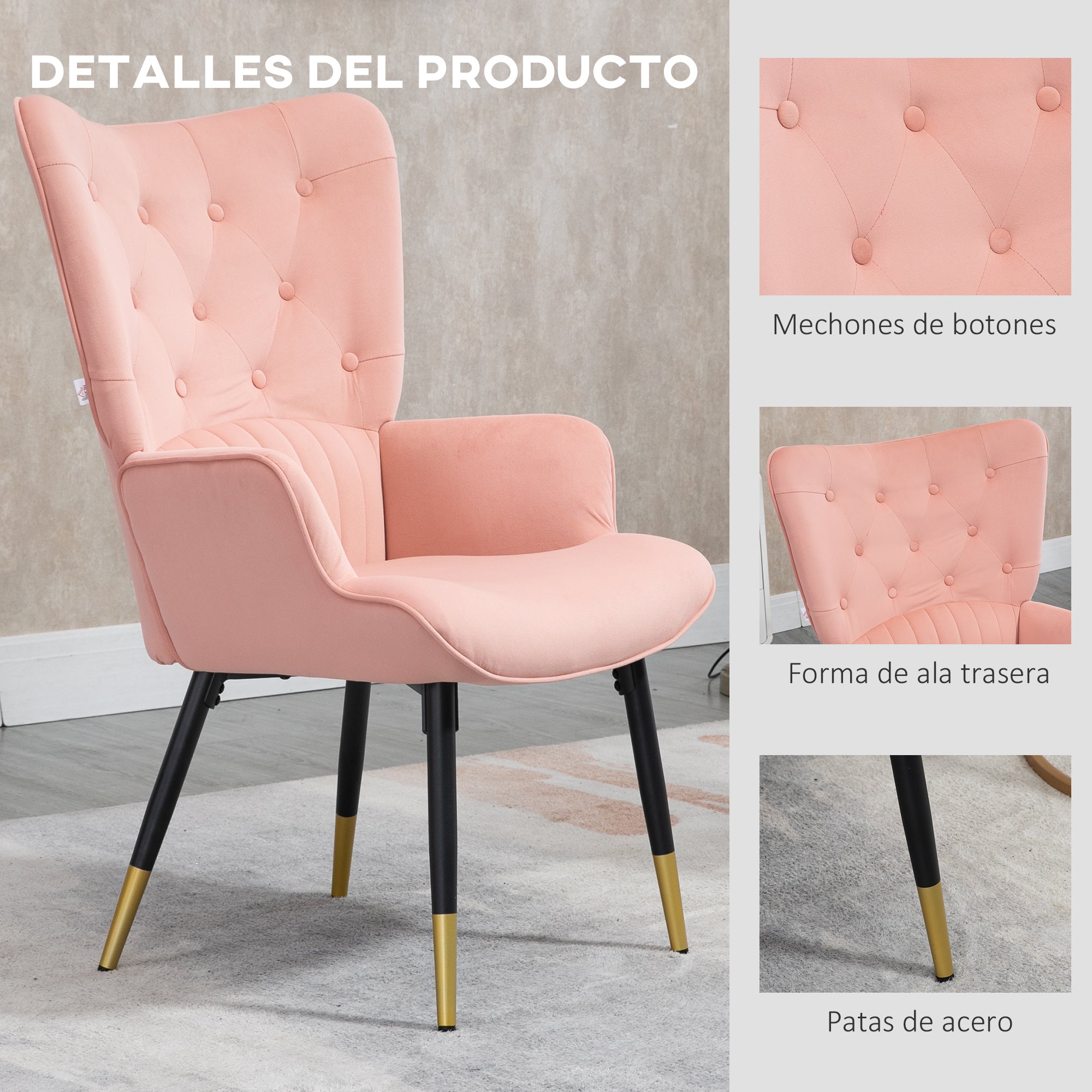 Single Armchair Bedroom Armchair Upholstered in Velvet with High Back Armrests and Steel Legs Modern Style 68x72x103 cm Pink