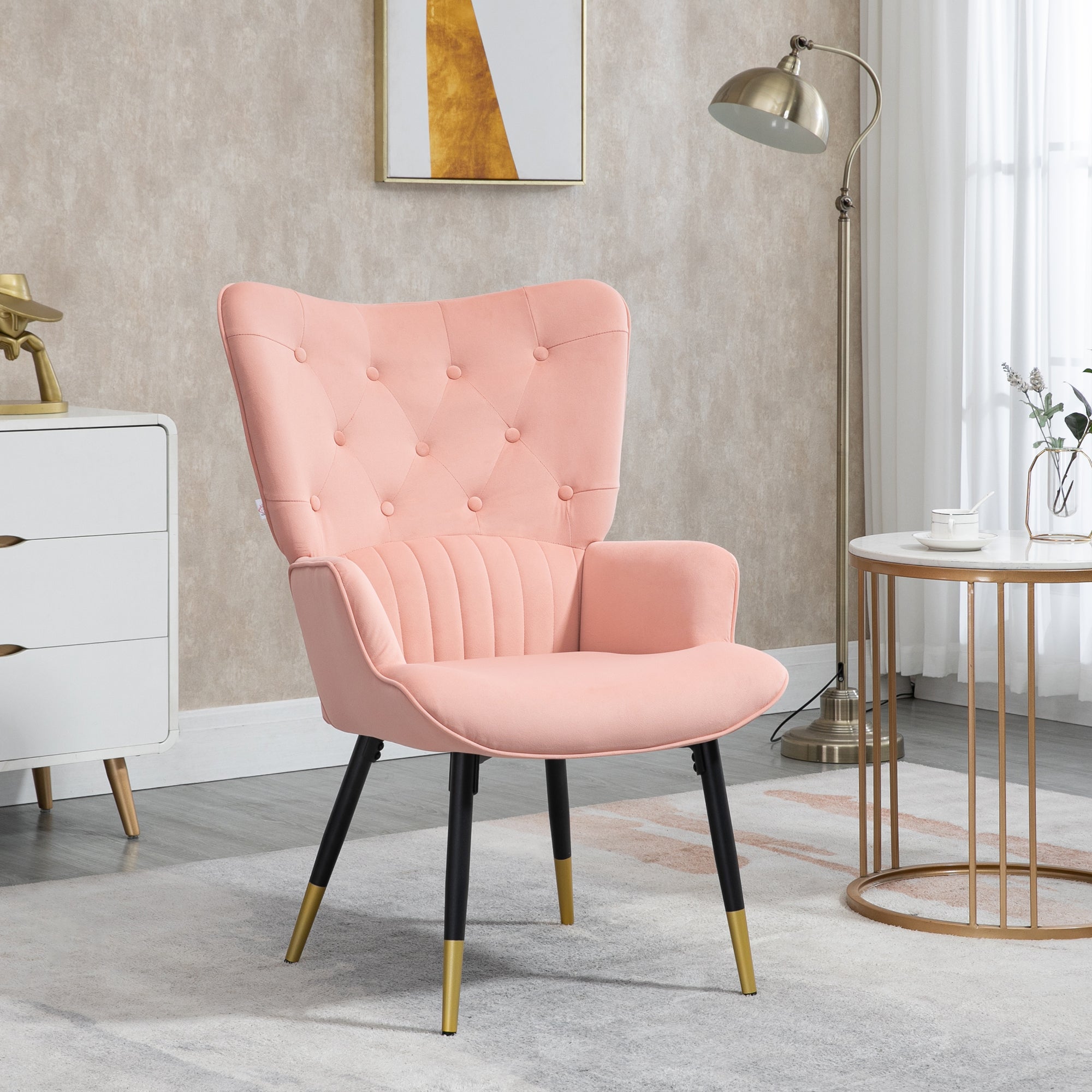 Single Armchair Bedroom Armchair Upholstered in Velvet with High Back Armrests and Steel Legs Modern Style 68x72x103 cm Pink