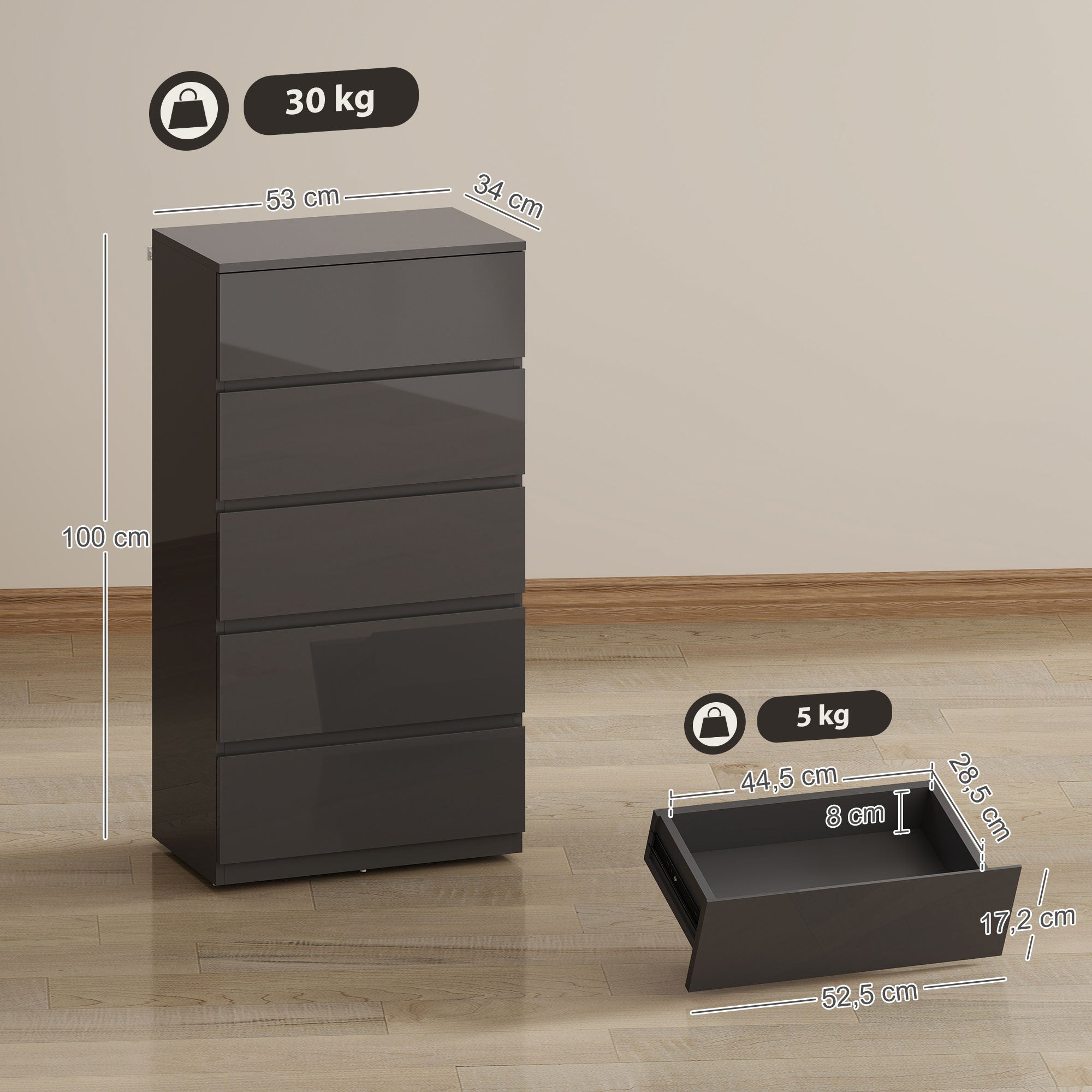 5-Drawer High-Gloss Dresser with Soft-Close Drawers, Handleless Modern Chest for Bedroom, Living Room or Hallway — 20.9 × 13.4 × 39.4 in (Gray)