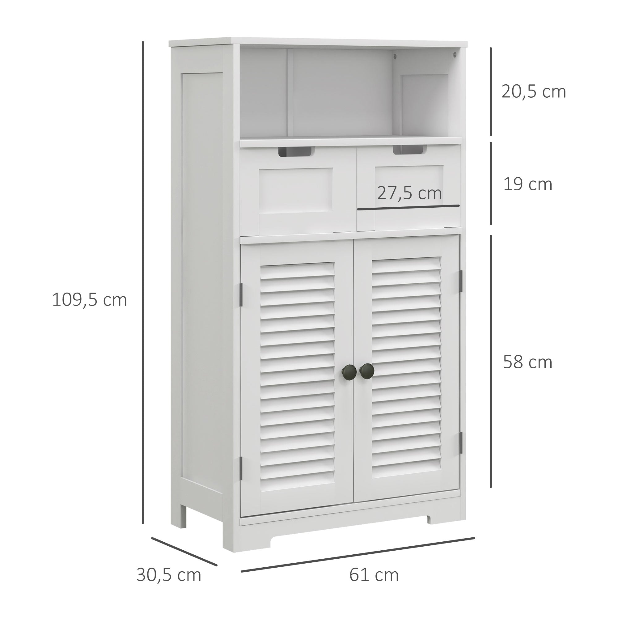 Freestanding Bathroom Cabinet, Storage Furniture, Adjustable Shelf, Space-Saving Cabinet, 2 Doors, 2 Drawers, Niche, 61 x 30.5 x 109.5 cm, White