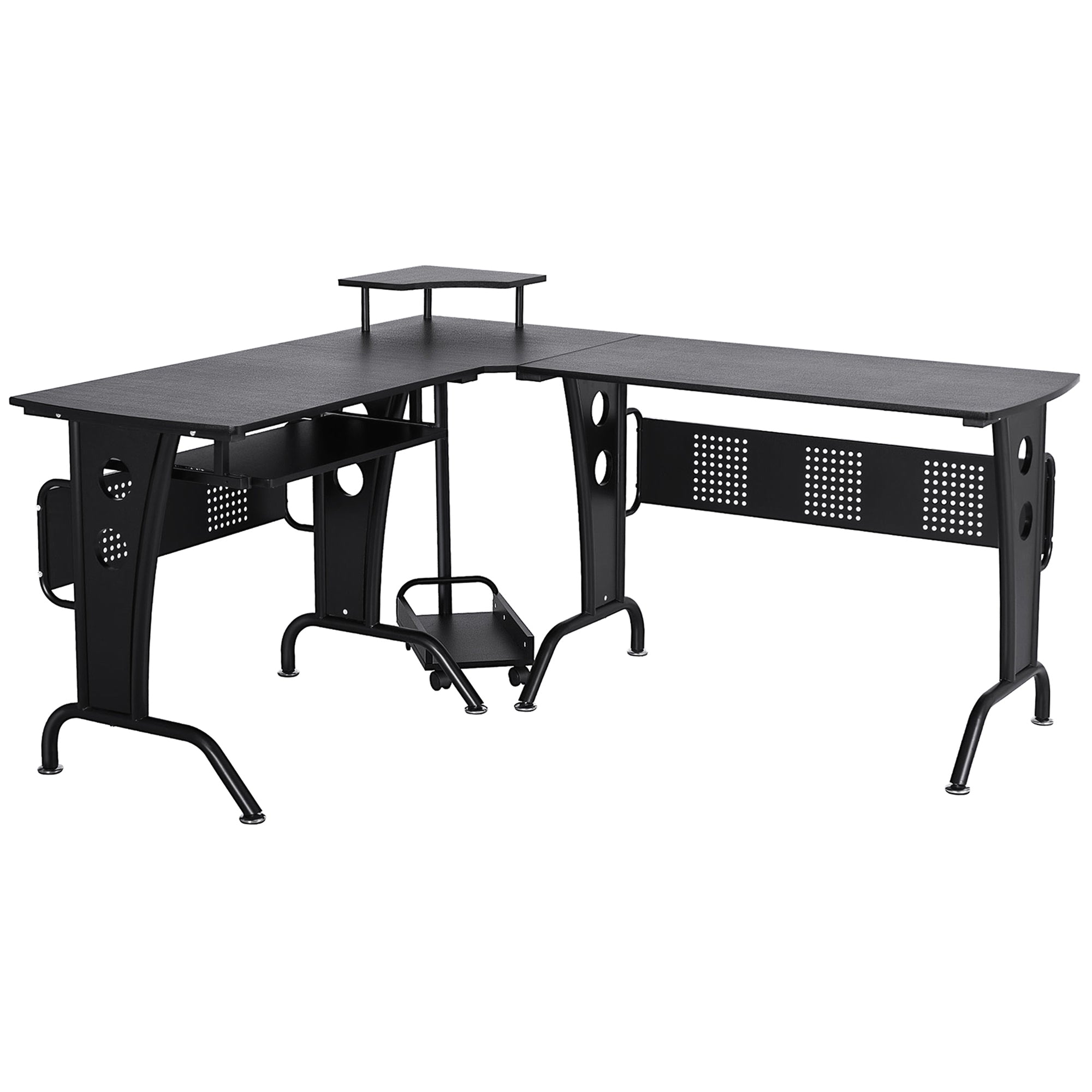 Gaming Desk for Home or Office, L-Shaped Space-Saving Desk with Retractable Keyboard Tray, 165x145x86.5cm, Black