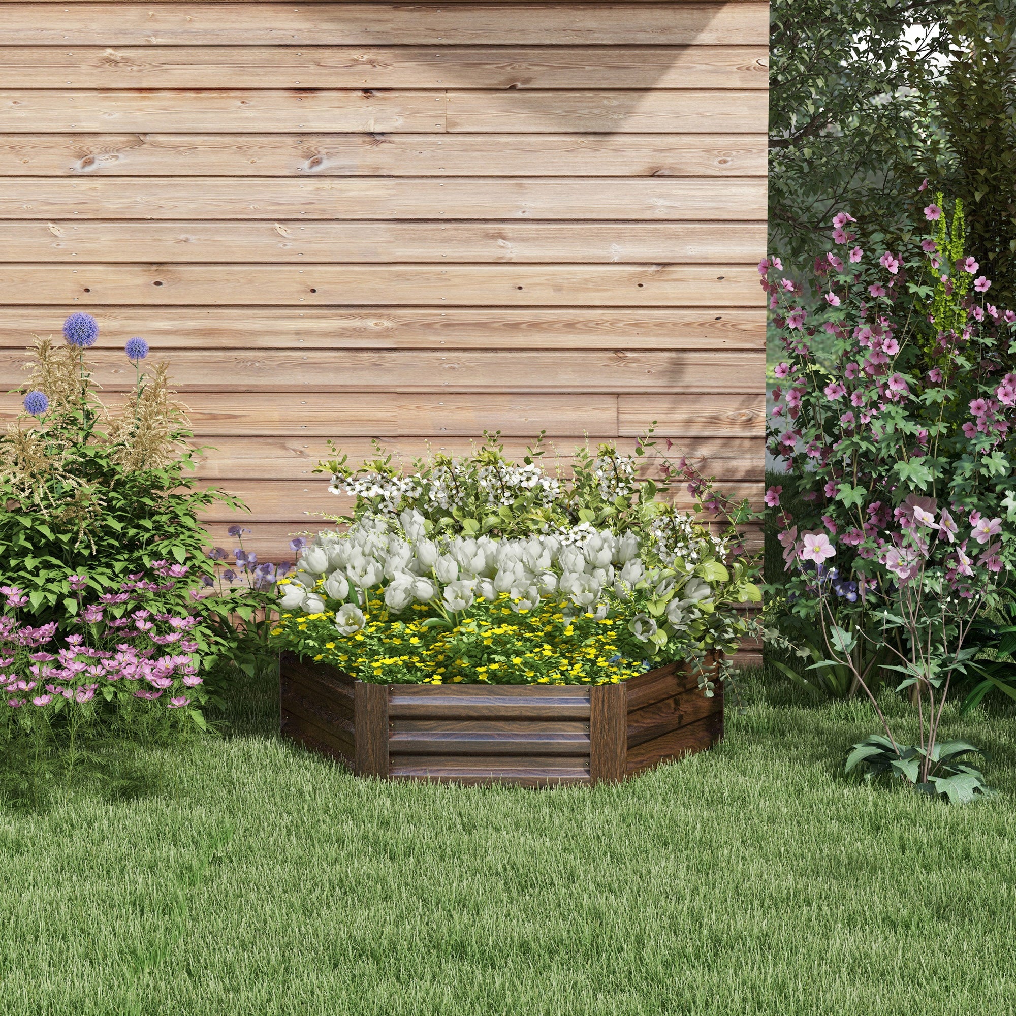 Raised Bed Made of Steel, Hexagonal Flower Box with Open Bottom, Plant Box with Wood Finish, Vegetable Bed for Balcony, Garden, Dark Brown, 113 x 98 x 30 cm