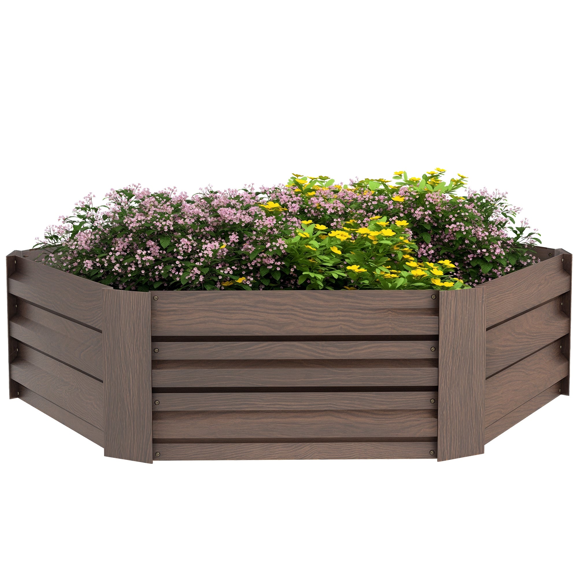 Raised Bed Made of Steel, Hexagonal Flower Box with Open Bottom, Plant Box with Wood Finish, Vegetable Bed for Balcony, Garden, Dark Brown, 113 x 98 x 30 cm