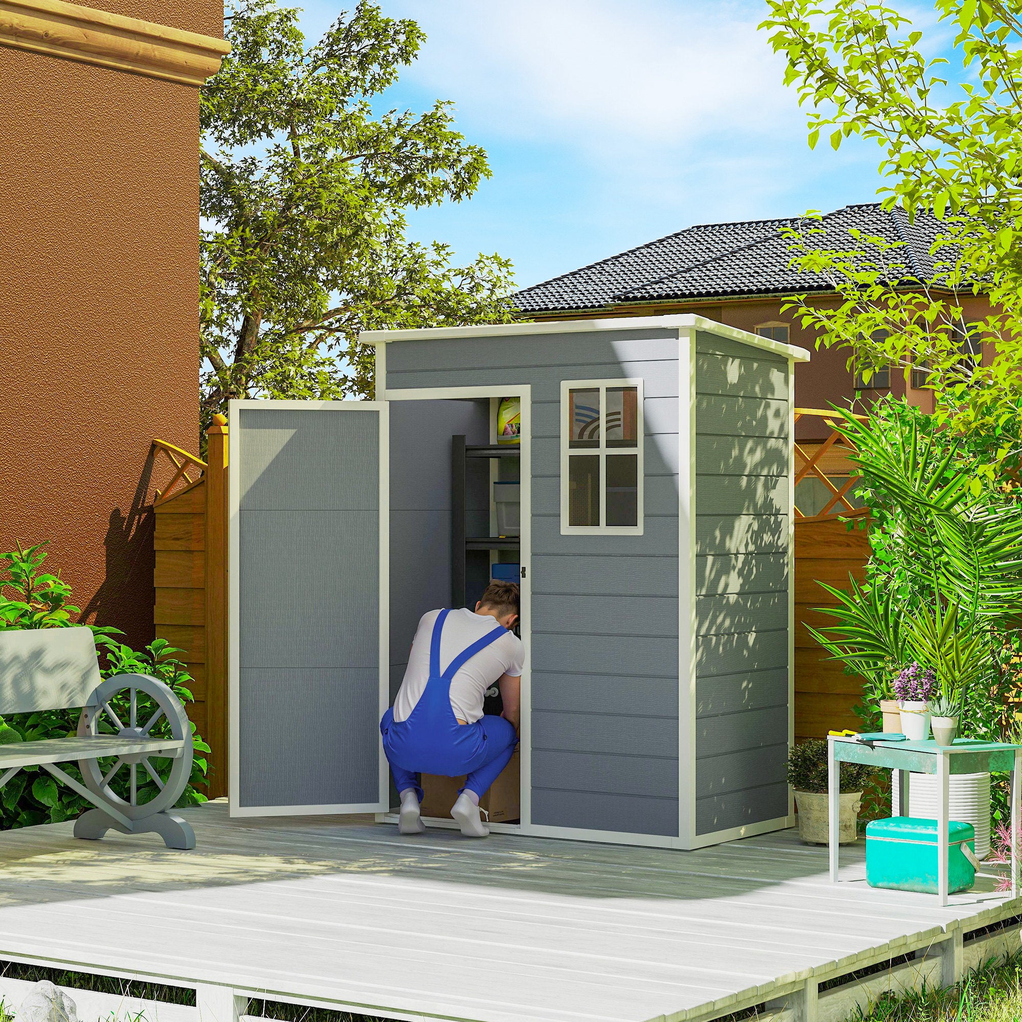 Garden Shed 1.14 m² Tool Shed - lockable door, ventilation, and window - dim. 151L x 92W x 193H cm - plastic, gray