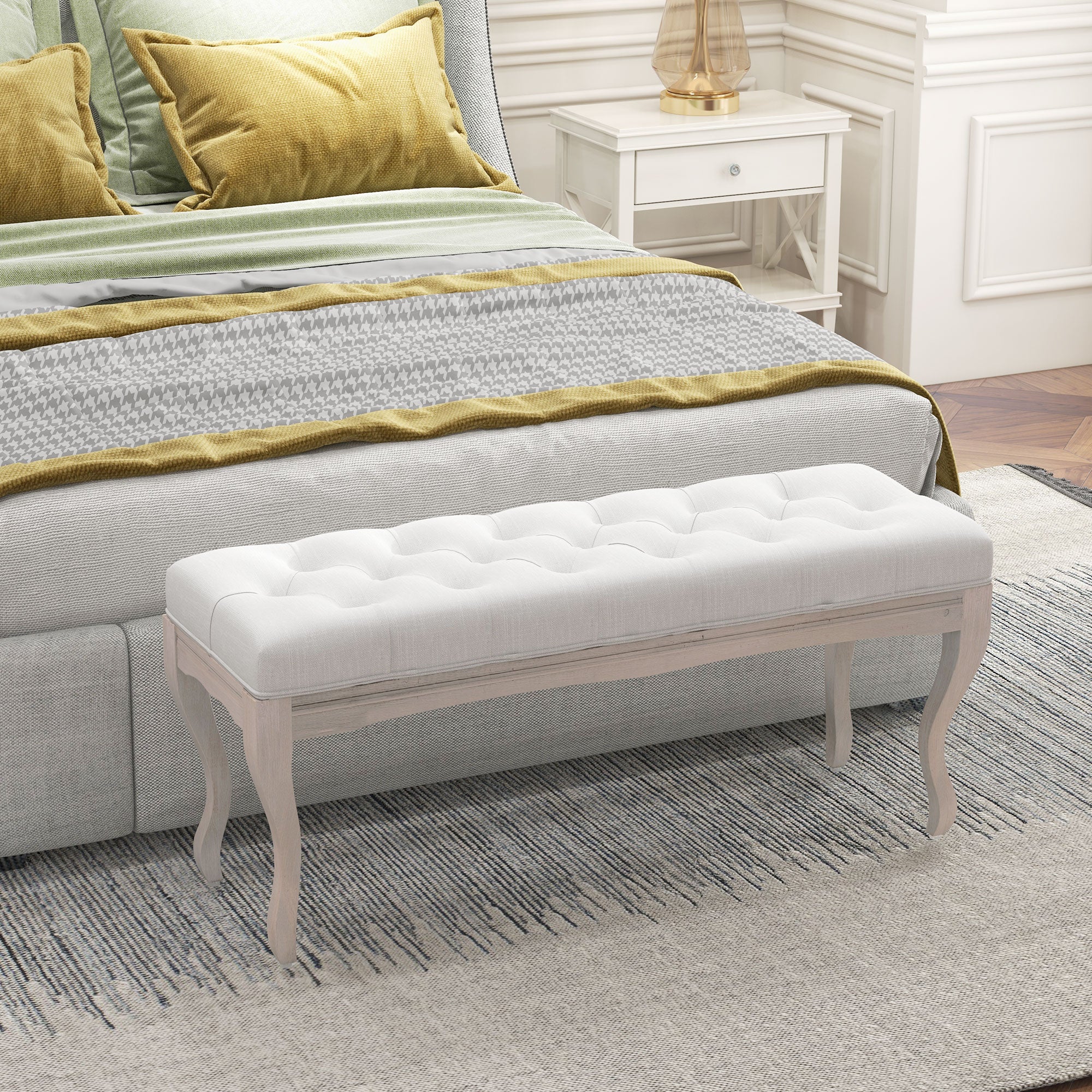 Bed End Bench Bedroom Bench with Wooden Legs and Padded Seat Load 120 kg Entryway Bench 110x37x49 cm Cream