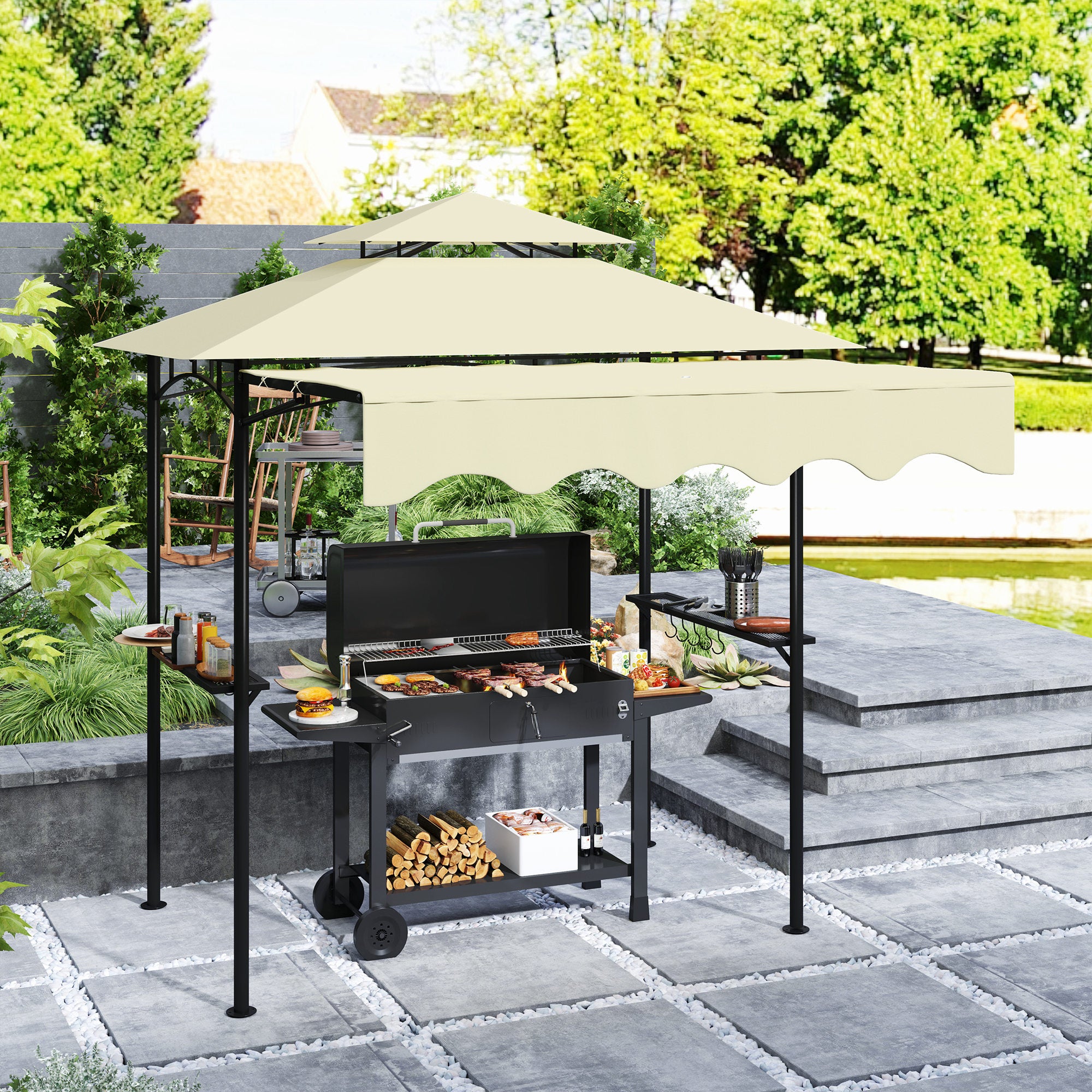BBQ Gazebo Canopy — 7 ft 11 in x 4 ft 11 in x 8 ft 2 in, Fire-Resistant PA Roof, Double-Layer Top, Side Shelves, UV30+, Beige