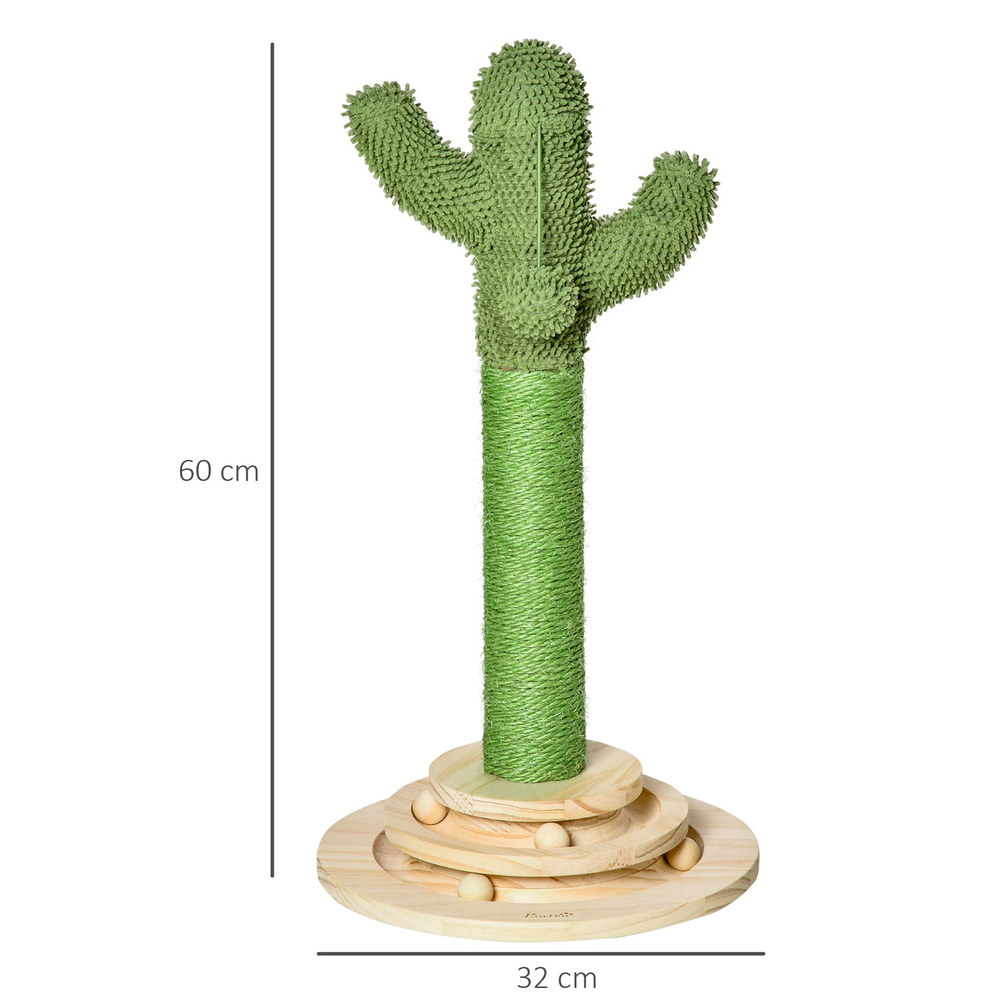 Cat Scratching Tree Cactus Cat Tree Pine Wood Sisal Rope Scratching Post with Wooden Ball Cat Toy for Cats 60 cm High Green+Natural