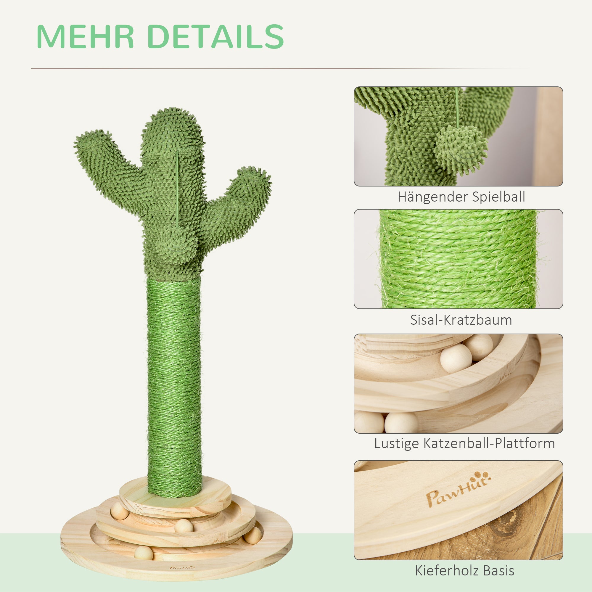 Cat Scratching Tree Cactus Cat Tree Pine Wood Sisal Rope Scratching Post with Wooden Ball Cat Toy for Cats 60 cm High Green+Natural