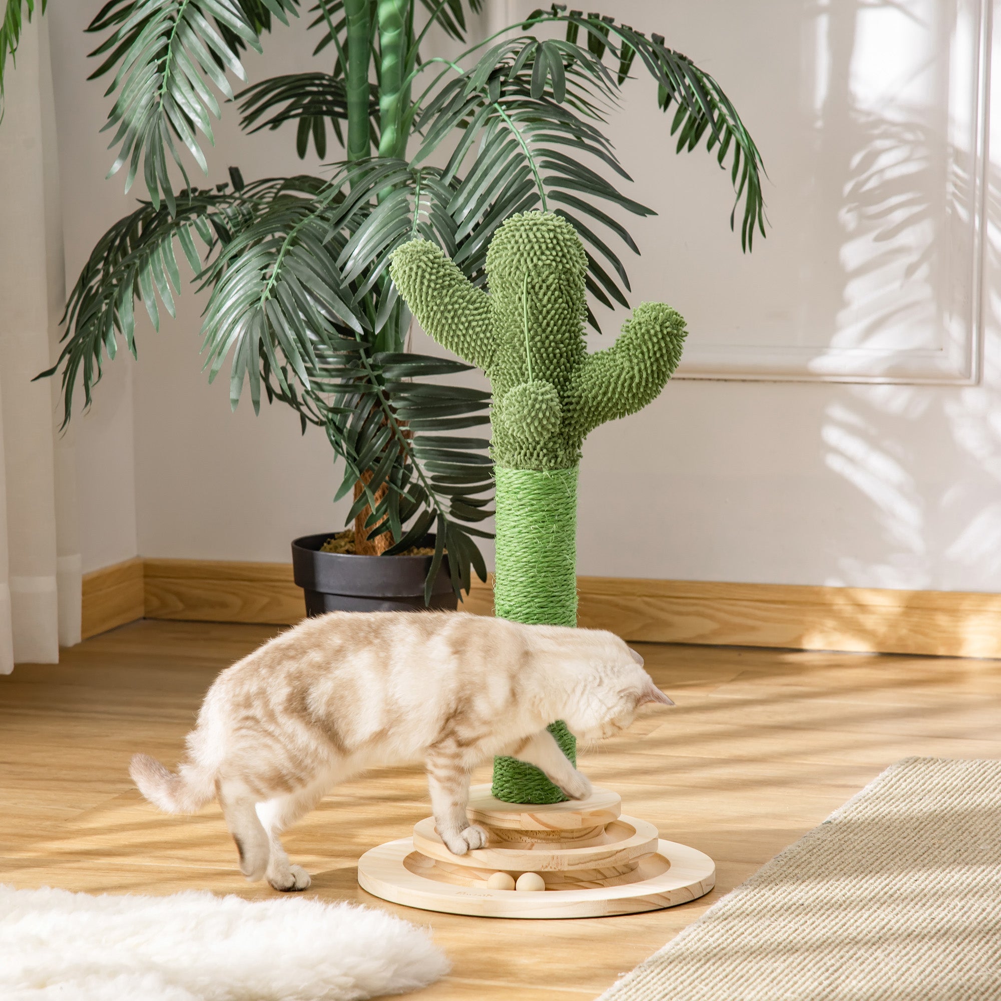 Cat Scratching Tree Cactus Cat Tree Pine Wood Sisal Rope Scratching Post with Wooden Ball Cat Toy for Cats 60 cm High Green+Natural